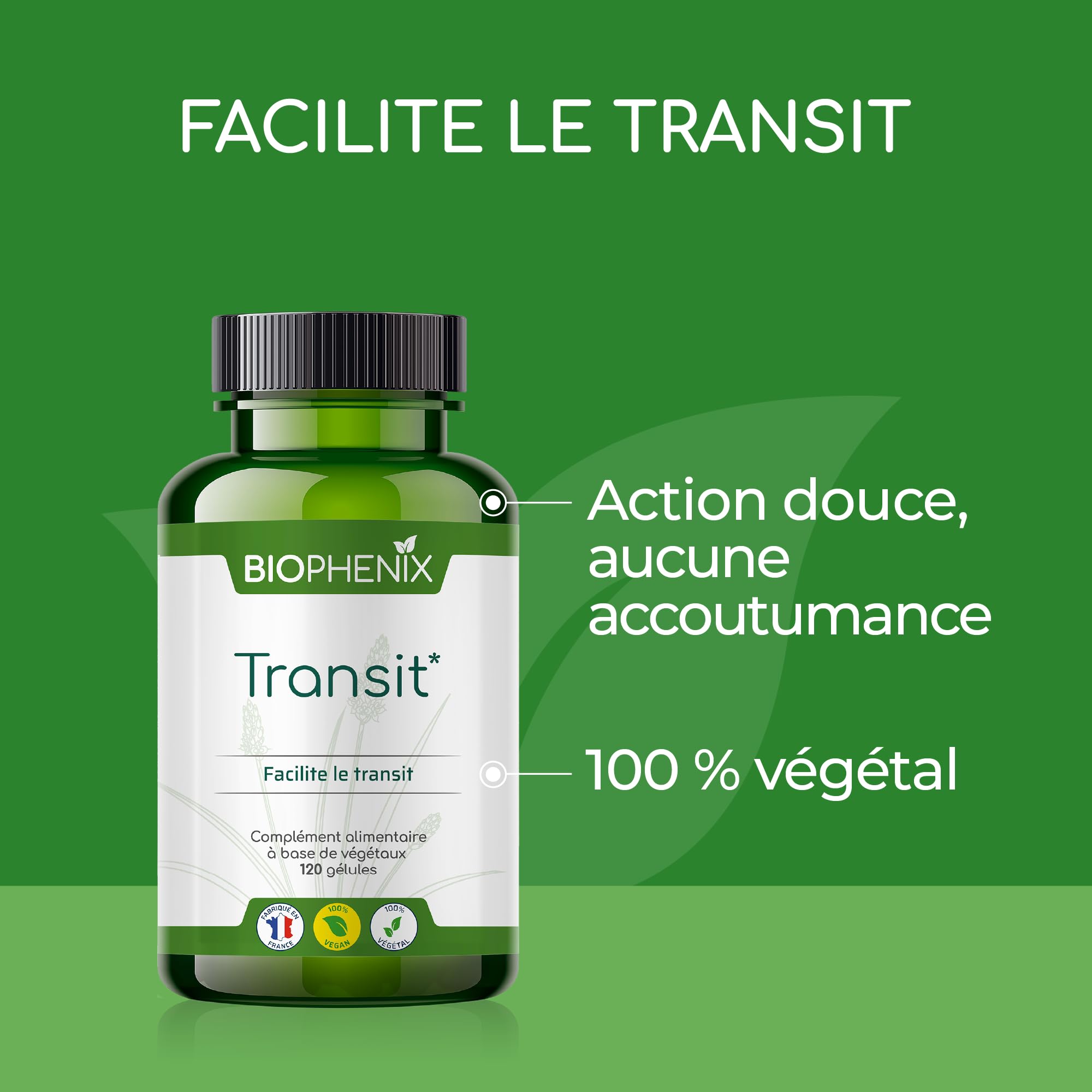 Biophénix Transit 120 Gélules - Complément Alimentaire 100% Naturel à Base de Végétaux - Casse Muette, Enzymes de Papaye Fermentée et Ispaghul - Facilite le Transit