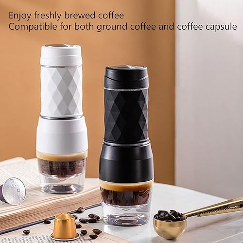 Miniatura 8 de Cafetera manual de mano con presión de 18 bares, cafetera portátil de viaje para cápsulas de tierra, acampar al aire libre, senderismo (negro)