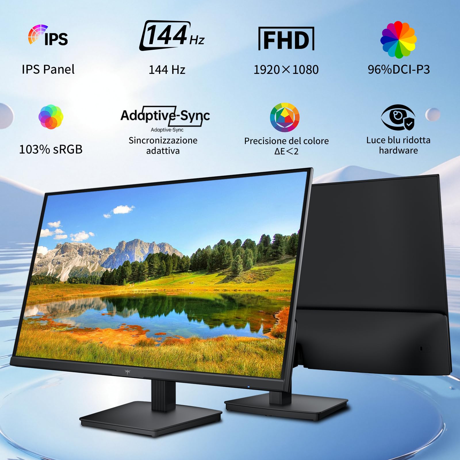KTC Gaming Monitor 24 Pollici, FHD@144Hz 120Hz con IPS Panel, protezione hardware contro la luce blu, 95% DCI-P3, 99% sRGB, ΔE<2, 300 cd/㎡, 1500:1, Flicker-Free e Adaptive Sync per lavoro e gioco