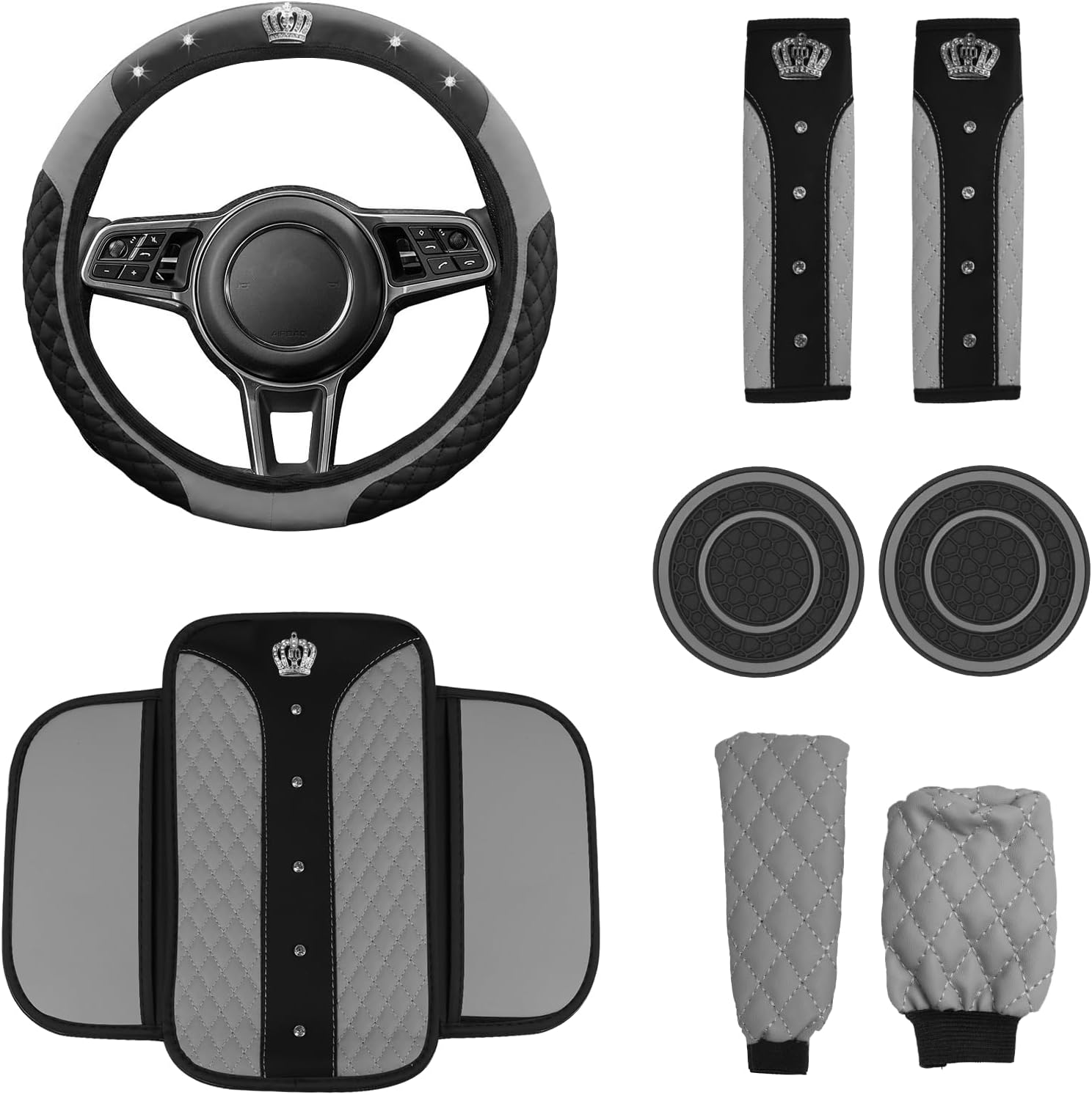 Wuyaoyao 8PCS Car Accessories Set, Bling Crown Leather Car Steering Wheel Cover w/Armrest Pad, Seat Belt Cover Pads, Gear Shift & Handbrake Covers, Cup Holder Coasters, Auto Interior Decor (Red)
