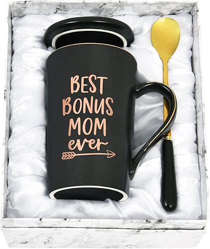 Best Bonus Mom Ever Taza de café  Regalo para madrastra, suegra de nuera, segunda mamá en cumpleaños, Navidad, 14 onzas, rosa con caja de regalo