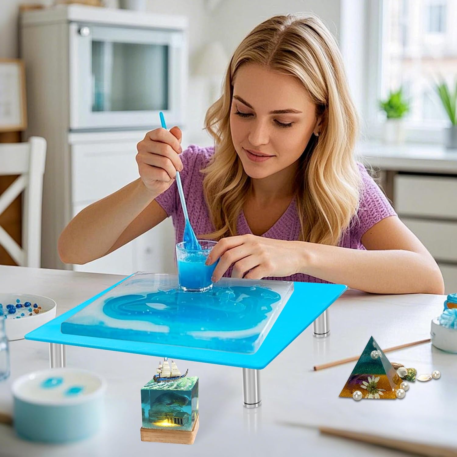 HAWERSI Resin Leveling Table with Height Adjustment,16" x 12" Heat Resistant Glass Resin Table with Silicone Mat and Letter Molds,Compatible with Resin Heating Mat,Leveling Board for Epoxy,Waves