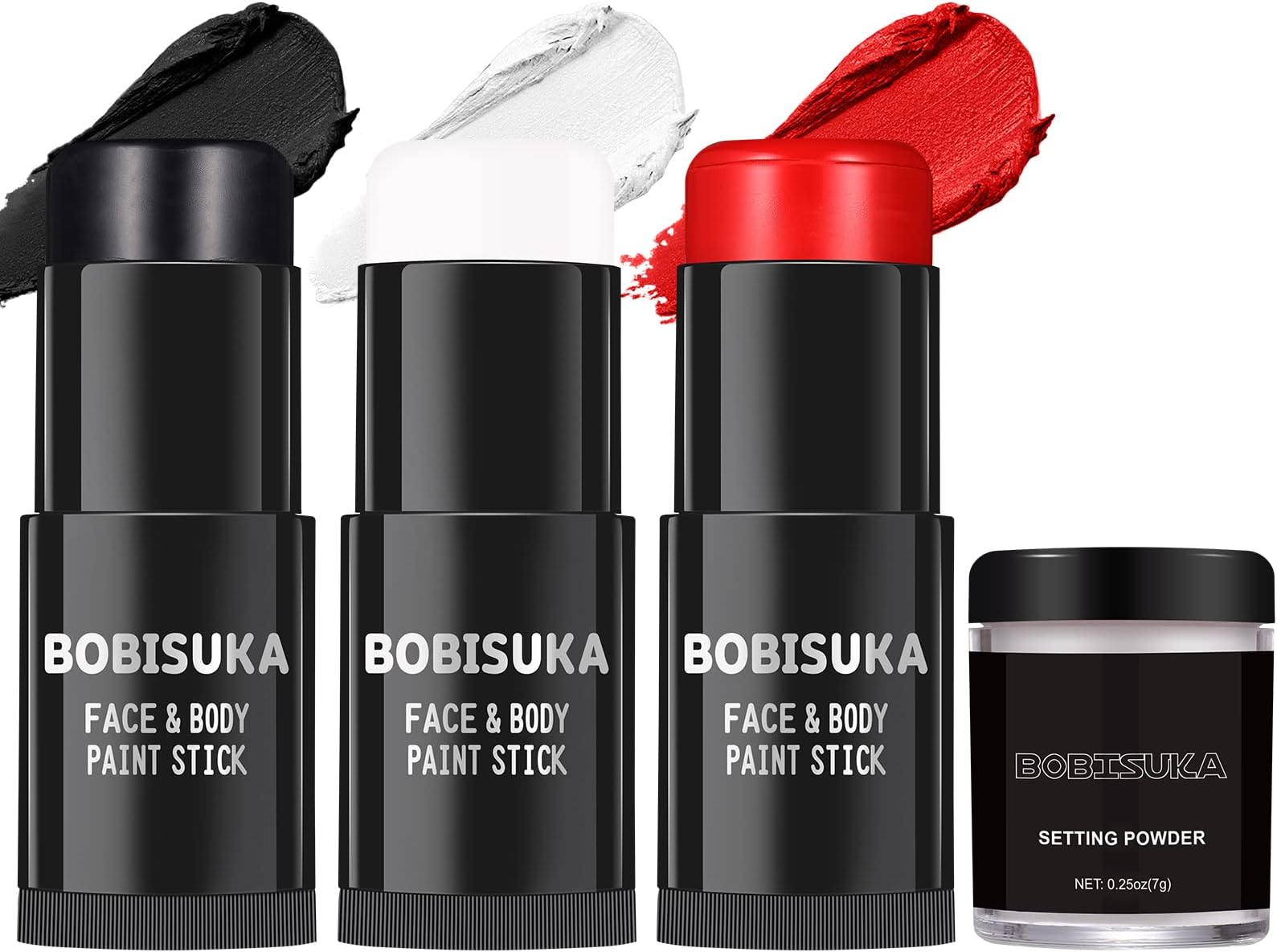 BOBISUKA Black White Red Face Paint Stick with Setting Powder Set Clown Makeup Eye Black Sticks for Sports, Body Paints for Halloween Joker Skeleton Cosplay Special Effects Costume SFX Stage Kit
