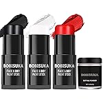 BOBISUKA Black White Red Face Paint Stick with Setting Powder Set Clown Makeup Eye Black Sticks for Sports, Body Paints for Halloween Joker Skeleton Cosplay Special Effects Costume SFX Stage Kit