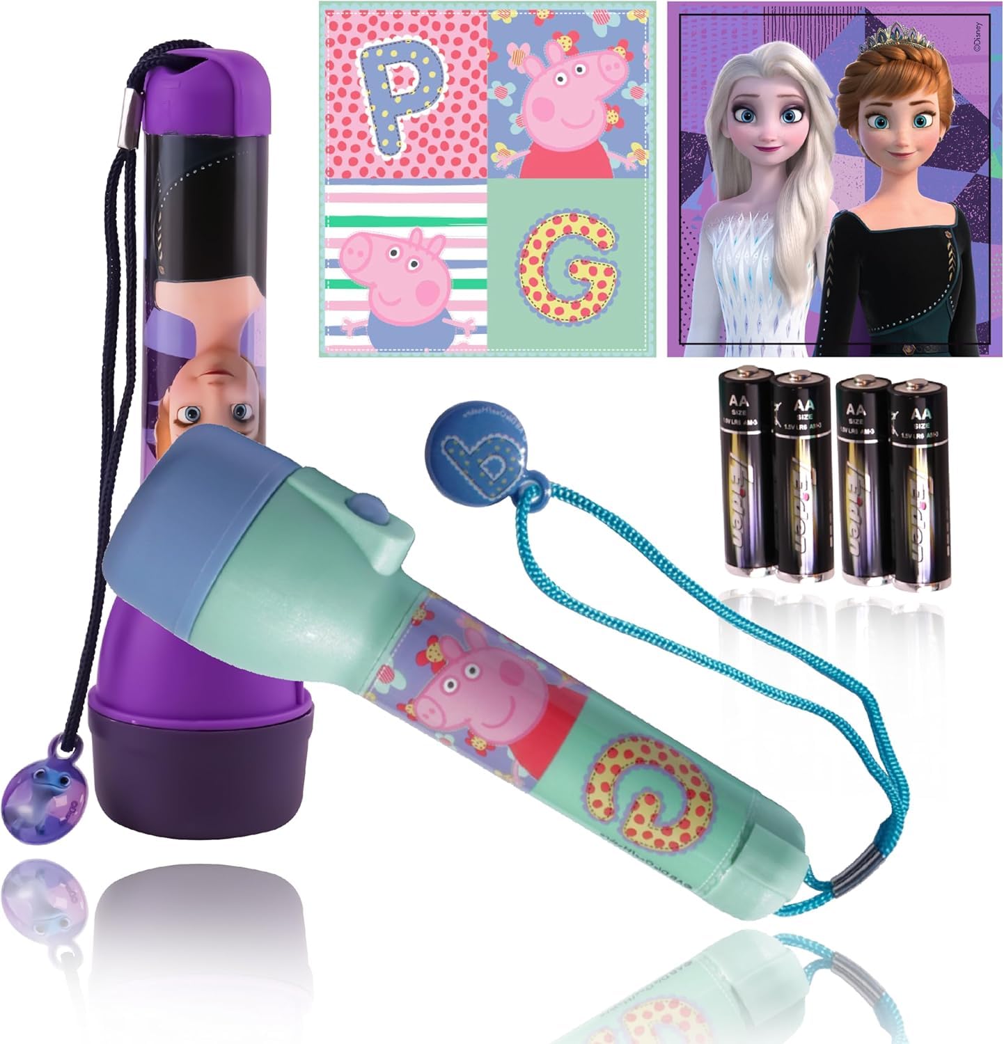 2x Lightweight Kids Torches, Peppa Pig and Frozen LED Big Torches, Luminous Range: 3.5m Night Light Torch Bright for Xmas, Birthday and Christmas Gifts, 16cm Plastic Flashlight Toy for Kids 3+ Y