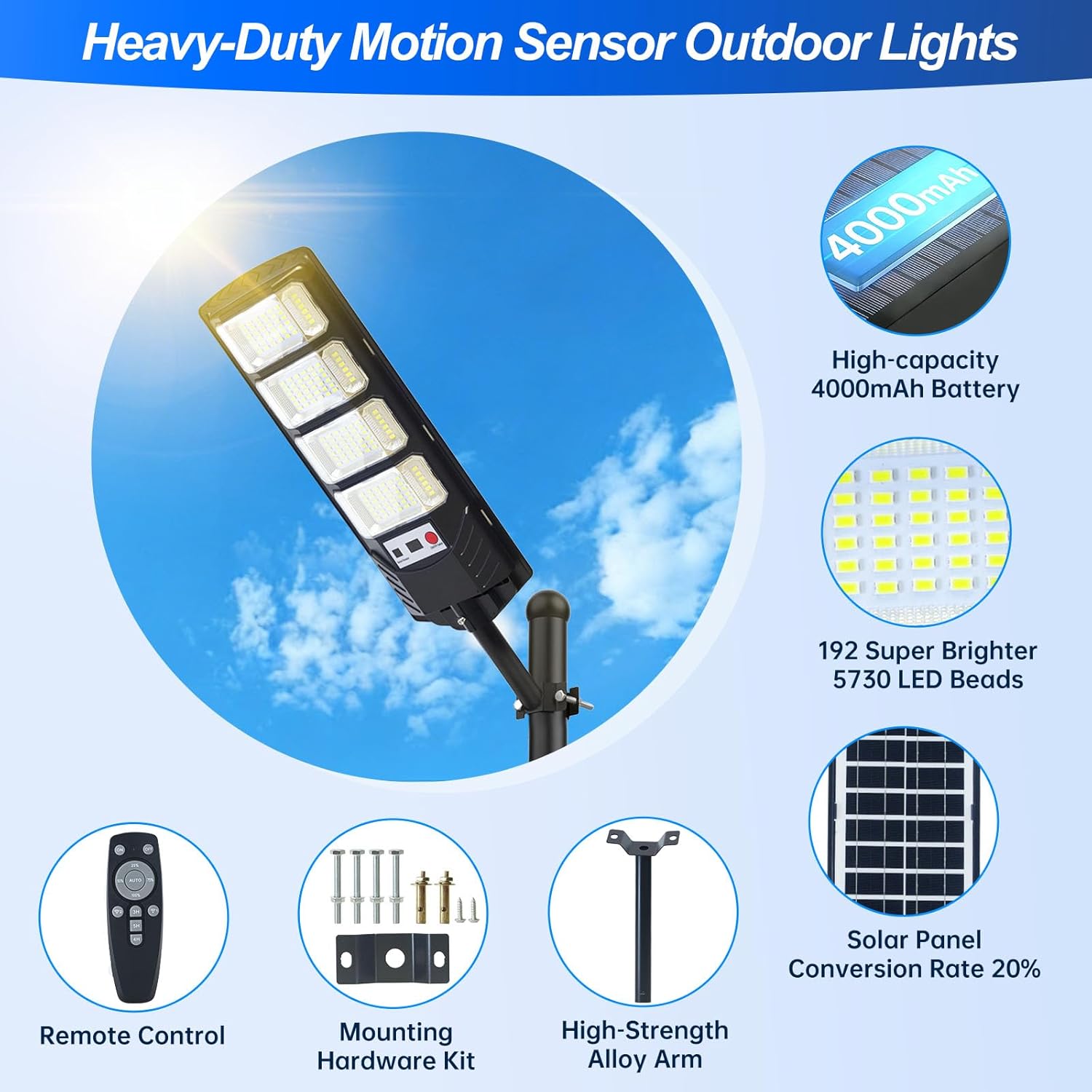 Solar Lights Outdoor Waterproof 2 Pack - 4000mAh LED Solar Street Lights with Motion Sensor,320° Wide Angle,Dusk to Dawn Focos Solares Para Exteriores,Bright Security Lights for Backyard Path Driveway