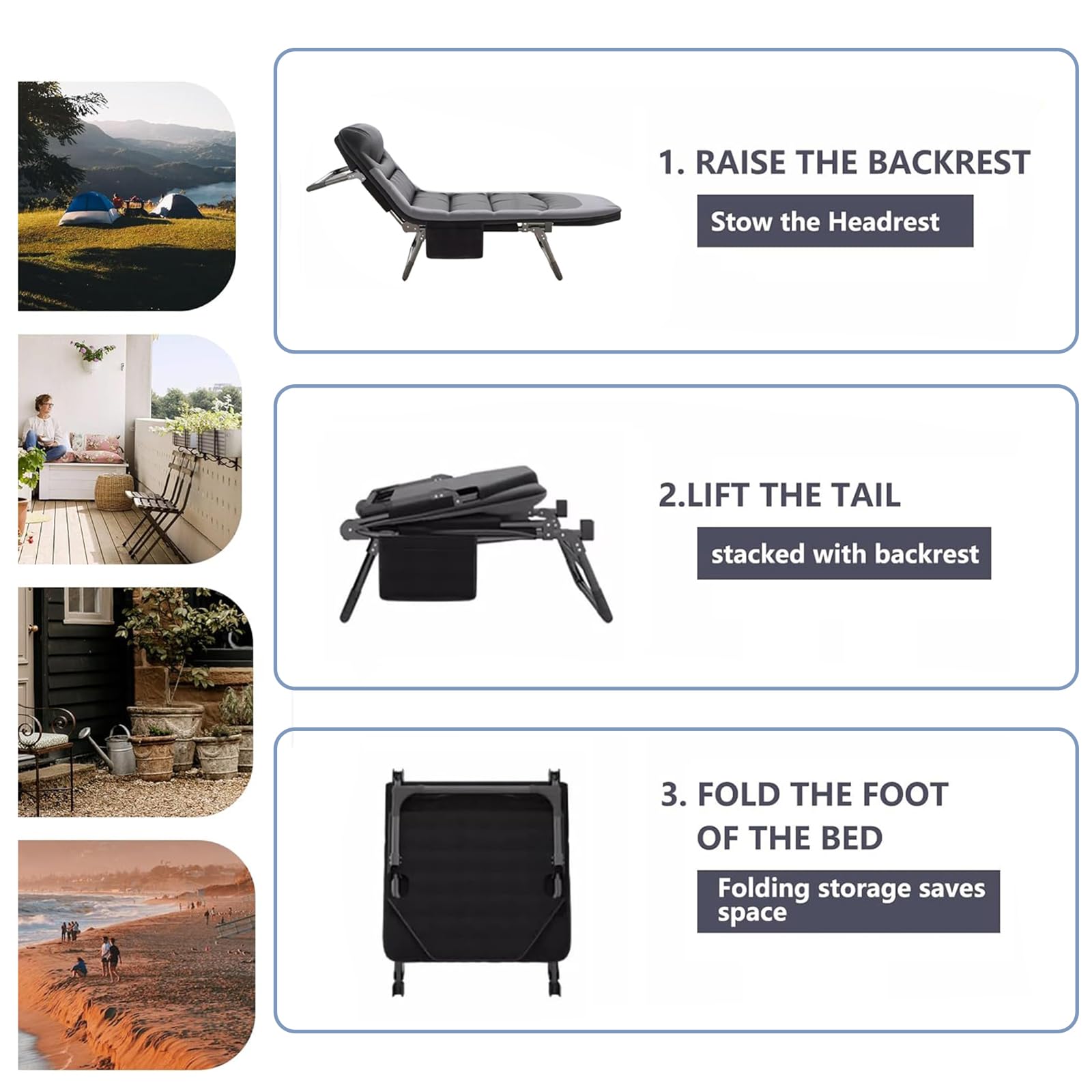 Sonnenliege Klappbar Liegestuhl, 6-Fach Verstellbar Klappbare Gartenliege Campingliege mit Seitentasche, Feldbett Campingbett mit Matratze, Outdoor Liege für Balkon Garten Camping (Schwarz)