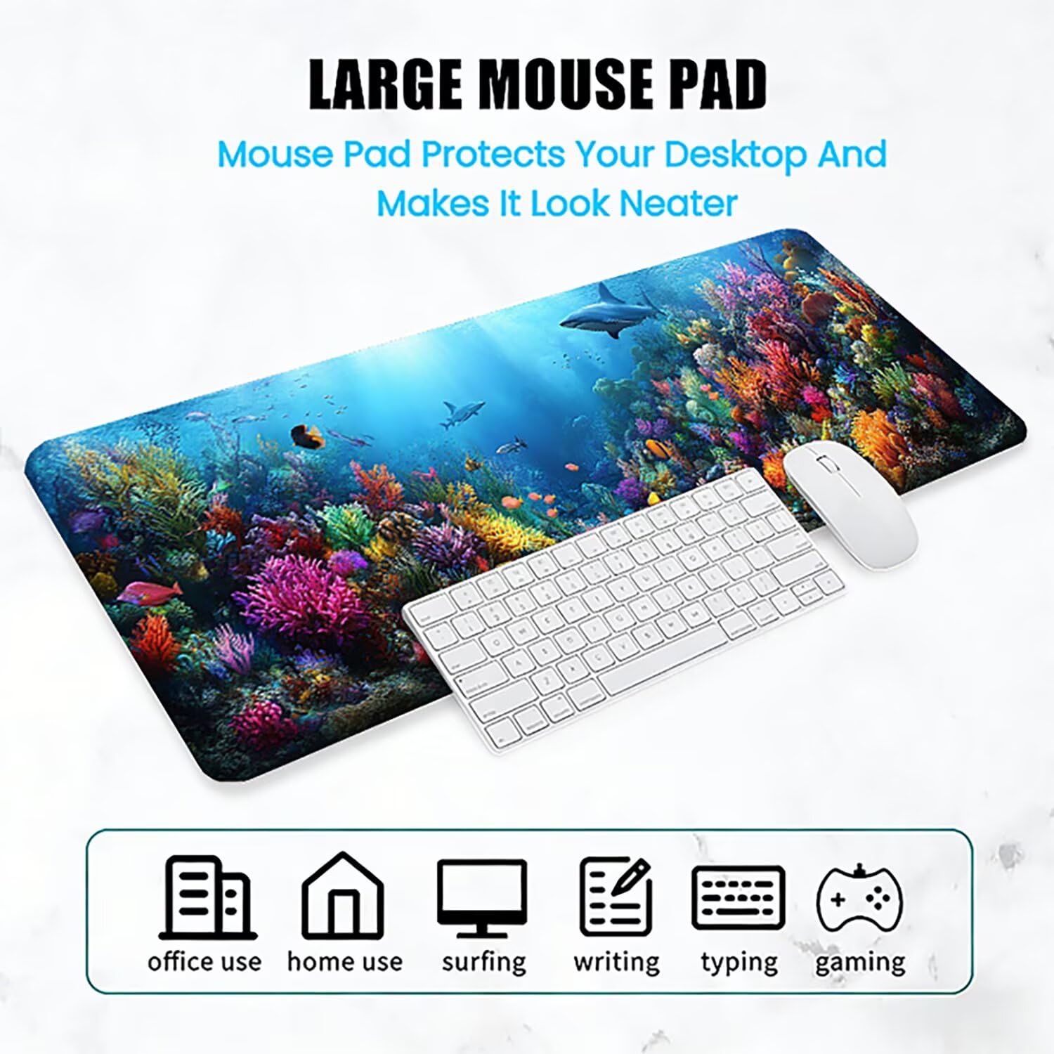 Lejnlnng Podkładka pod mysz do gier XXL, 160 x 80 cm, duża ocean mata na biurko, wodoodporna podkładka pod mysz XL, antypoślizgowa gumowa podkładka pod mysz z przeszytymi krawędziami do biura, do gier