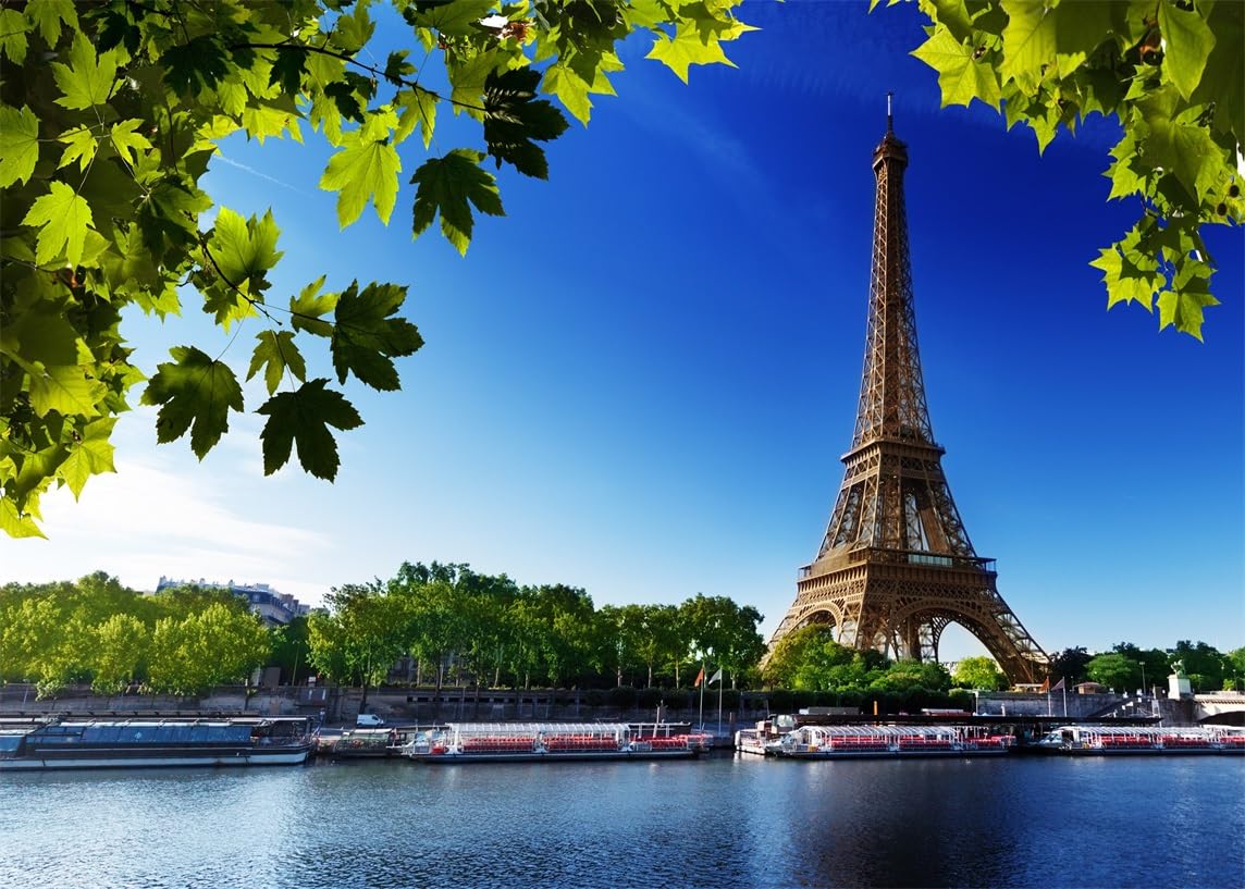 CORFOTO Fabric 7x5ft Eiffel Tower Backdrop Photography Spring Romantic Paris Seine River Landmark France Cityscape Nature Pictures for Vacation Travel