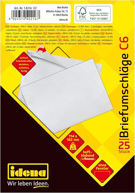 Idena 10216 - koperty DIN C6, 75 g/m², samoprzylepne, bez okienka, białe, 25 sztuk