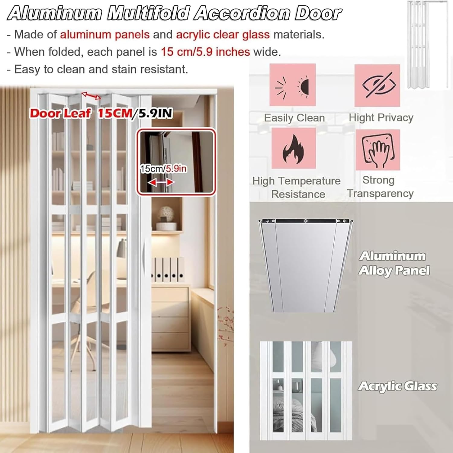 White Accordion Door - Retractable Multifold Interior Closet Door, 24-80" Wide, Folding Room Divider for Bedroom/Kitchen, Includes Handle, 34x80 Size
