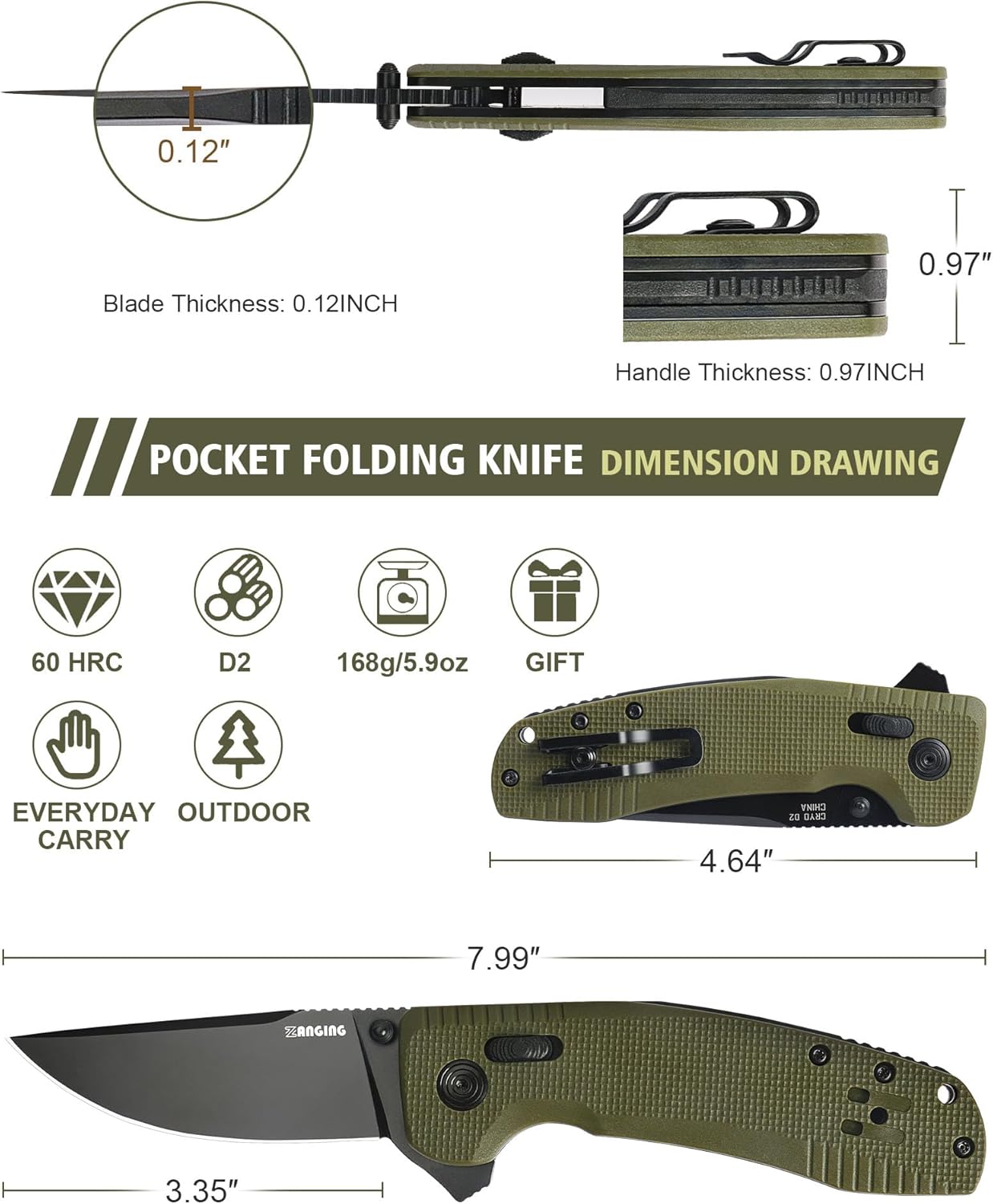 Pocket Folding Knife(EDC)- 3.35" D2 Steel PVD Nitro-V Steel Blade, G10 Handle- Lightweight Folding knives with Clip for Camping, Hiking, Hunting Survival Multi-Tool (Olive Green)