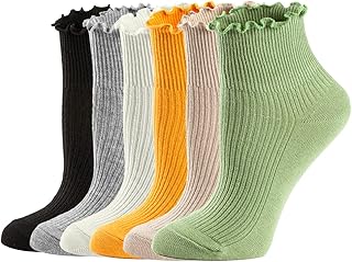 Womens Ankle Casual Lace Ruffle Low Cut Knit Lettuce Frilly Cute Socks 6 Pack, 6colors (Green + Pink + Yellow + White + Gray + Black), 9-11 Plus