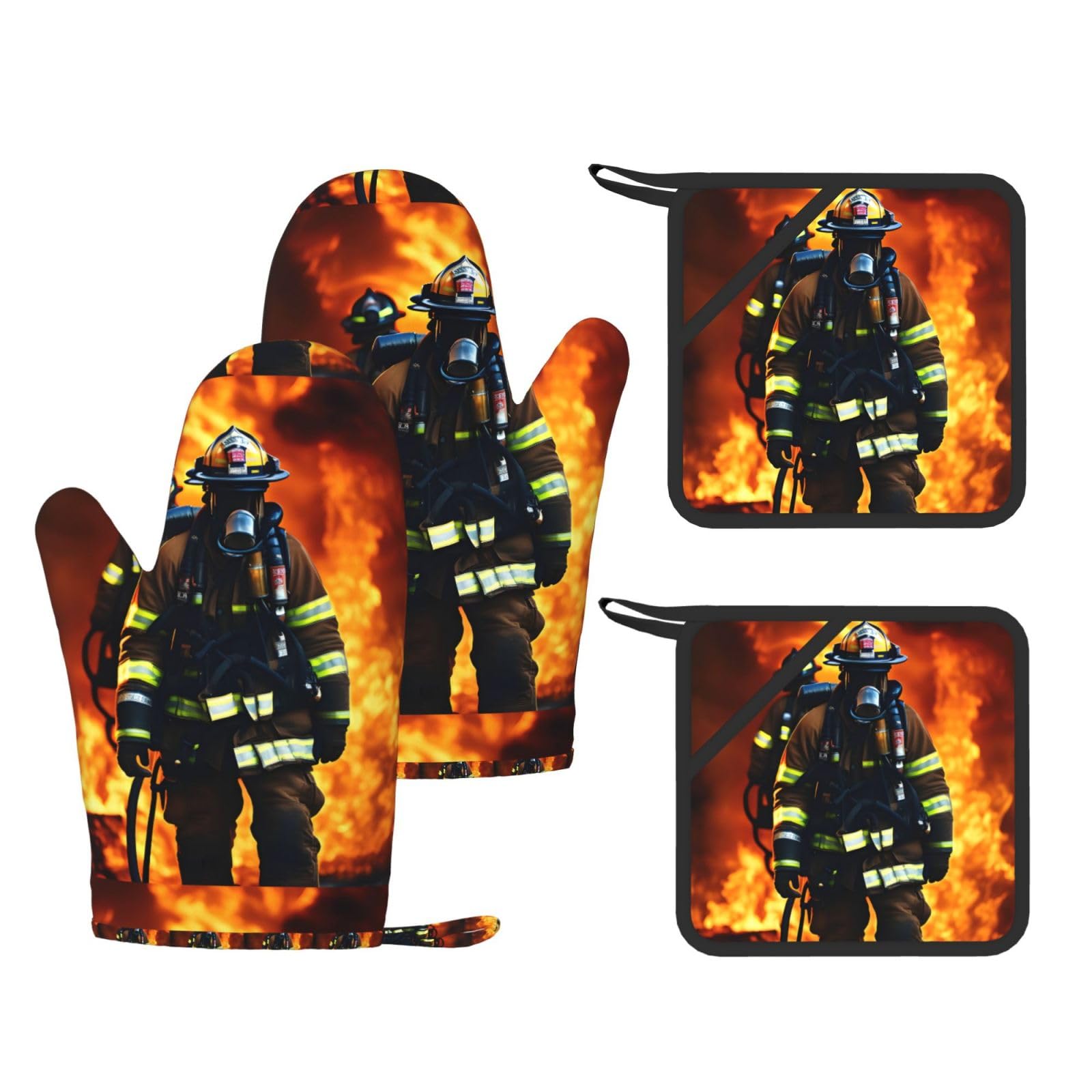 Firefighter Fireman Flame Print Kitchen Heat Resistant Set,Cooking Kit With Hanging Loop For Baking & Bbq