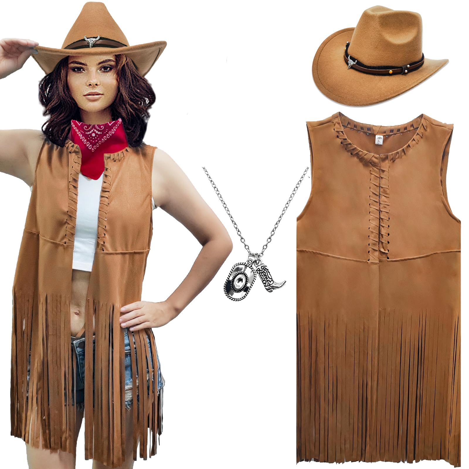 ATAMET Western Cowgirl Outfits for Women Cowgirl Fringe Vest Cowboy Hat Necklace Bandana,70s Hippie Costume for Halloween