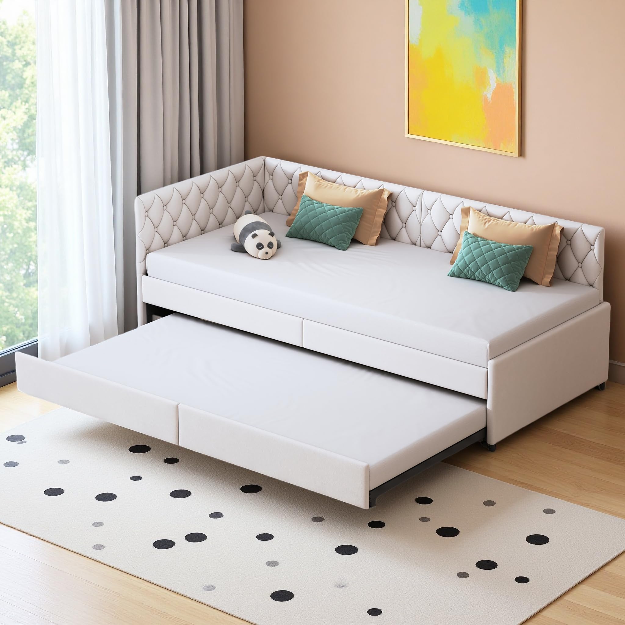 PerGar Schlafcouch Ausziehbar 90 x 200 cm mit Rollen, Einzelbett Kinderbett Schlafsofa mit Schlaffunktion, Ausziehbett Schlafsofa Jugendliche Gästebett mit Lattenrost, Samt, Beige