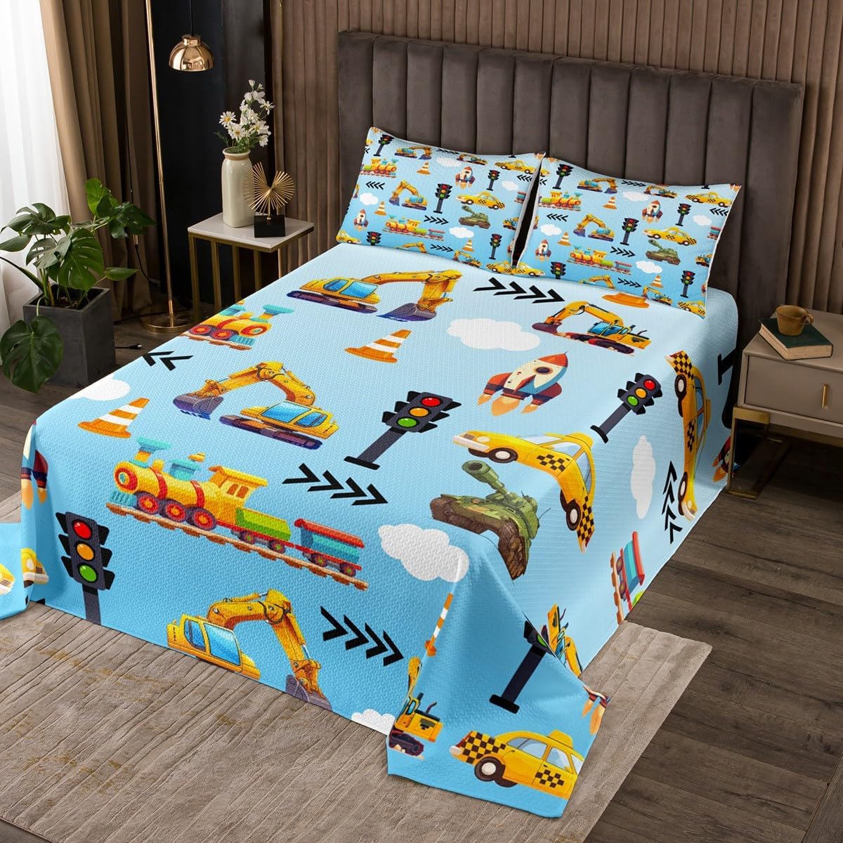 Homewish Cartoon Car Kids Bedspread King Size,Excavator Tractor Train Tank Car Bedding Set for Boys Girls Room Decor,Rocket Cloud Truck Coverlet Set 3Pcs,Construction Vehicle Quilt,2 Pillowcases