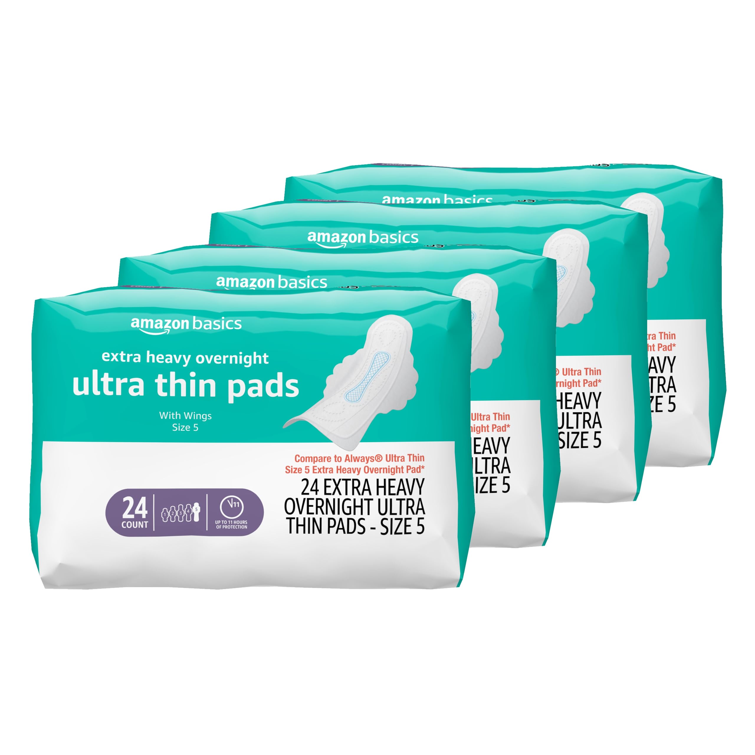 Amazon Basics Extra Heavy Overnight Pads for Women, Ultra Thin with Flexi-Wings, Unscented, Size 5, 96 Count, (4 Packs of 24)