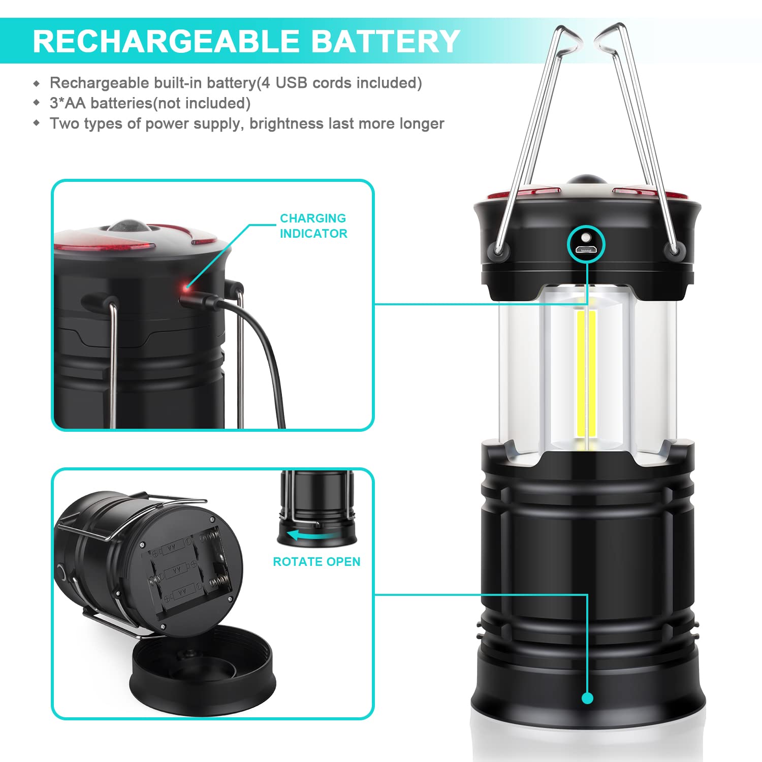 Paquete de 4 faroles esenciales para camping, linterna LED para cortes de energía, luces de tienda de campaña para emergencias, equipo de supervivencia y suministros para huracán, lámpara recargable y