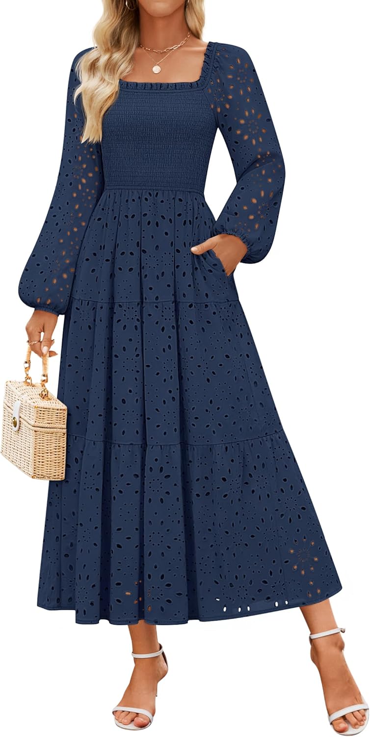 ZESICA Women’s Fall Long Sleeve Maxi Dresses 2025 Square Neck Hollow Out Eyelet Smocked A Line Boho Wedding Guset Dress