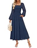 Women's Fall Long Sleeve Maxi Dresses 2025 Square Neck Hollow Out Eyelet Smocked A Line Boho Wedding Guset Dress