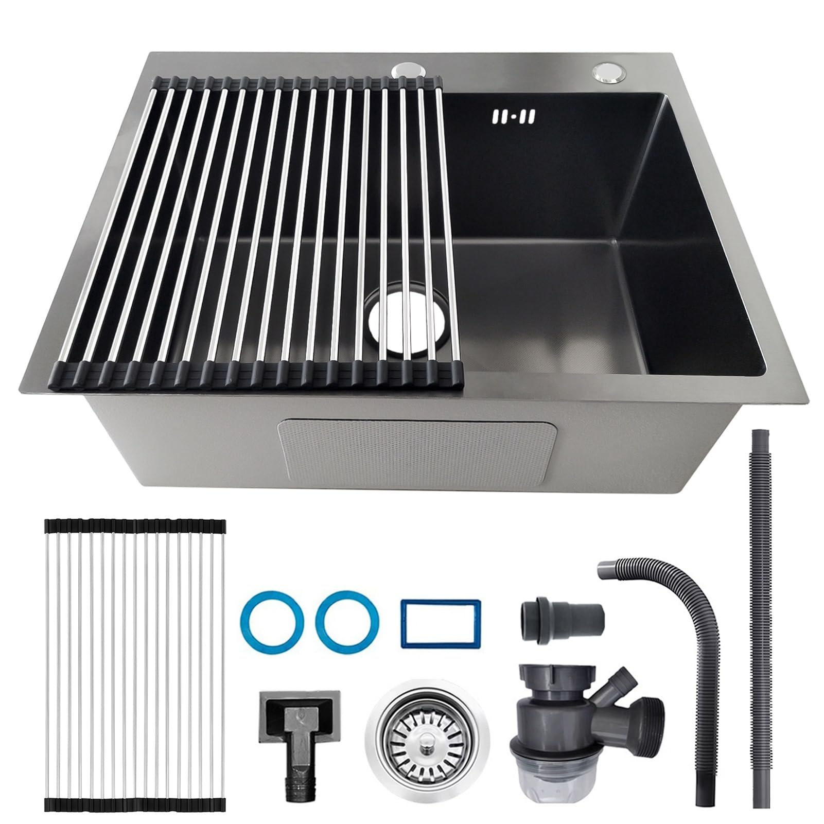 ZQFHSX Stainless Steel Kitchen Sink, Small Single Bowl Topmount Compact Bar, Utility Sink with Tap Hole, Overflow, Drainer Kit, for Pub, RV, Campervan, Basement, Outdoor(Black,55x45cm)