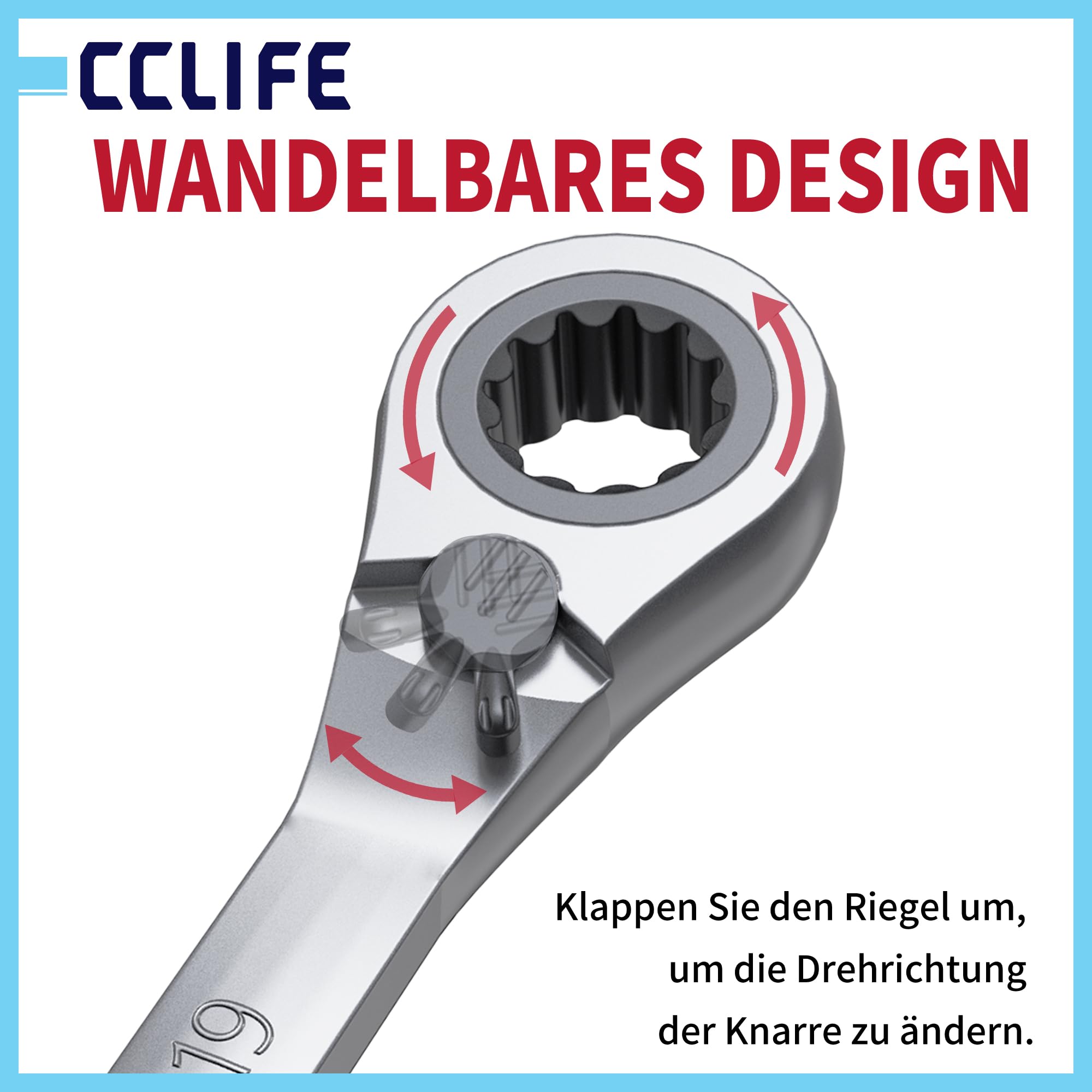 CCLIFE Lot de 14 clés à cliquet réversible 6-22 mm 72 dents CrV avec sac | Fonction de commutation, cliquet et clé mixte 2 en 1 en Cr-V, mécanisme à 72 dents avec sac pour voiture et atelier