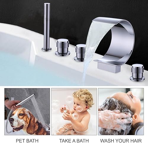 Miniatura 5 de Juego de grifo de bañera con 5 agujeros de mano, juego combinado de grifo de bañera de 3 manijas, grifo de llenado de bañera de cascada con