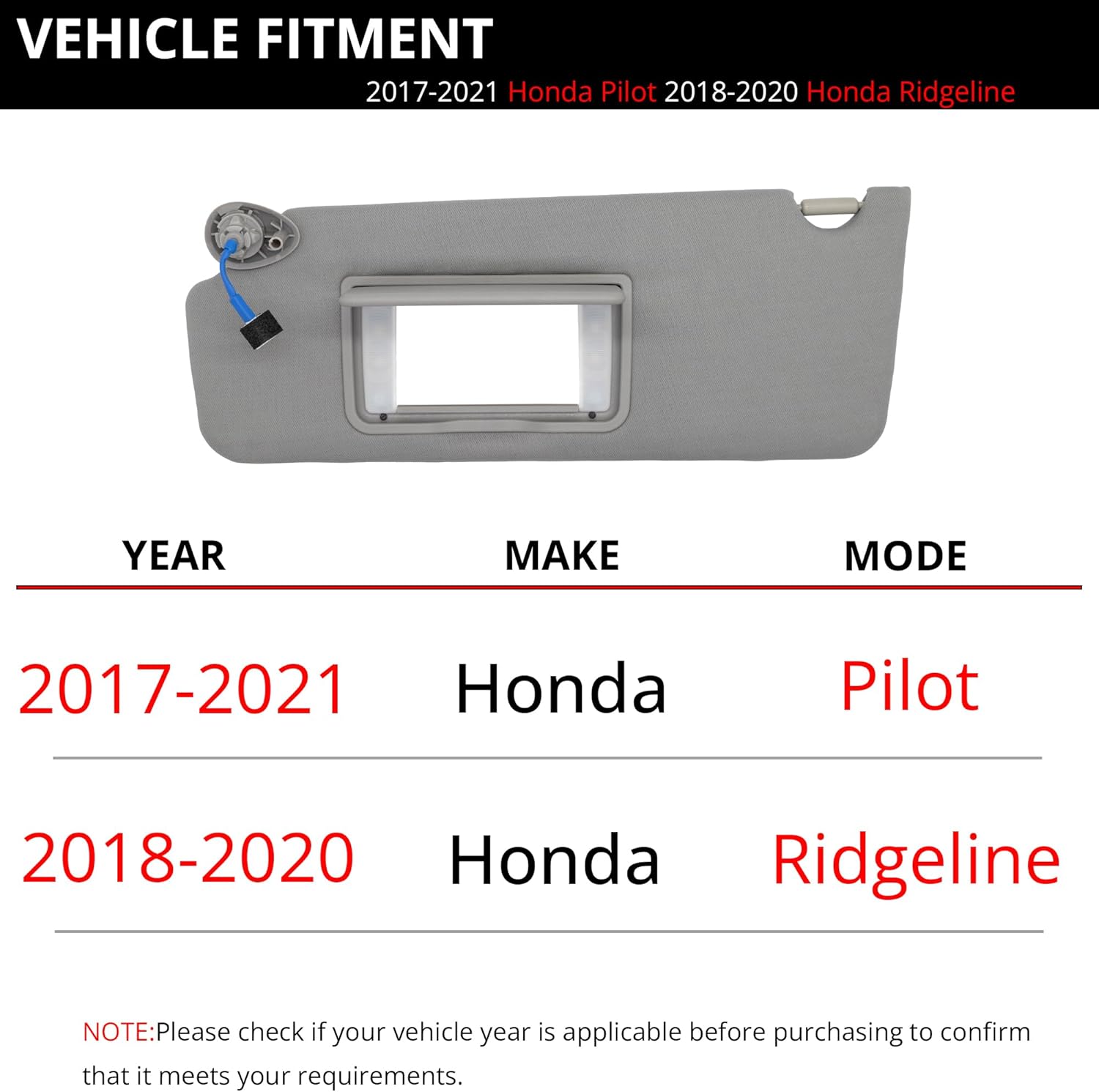 Sun Visor Fits for Honda Pilot 2016-2022 Honda Ridgeline 2018-2025 Left Driver Side with Light Replaces 83280-TG7- A12ZB Gary