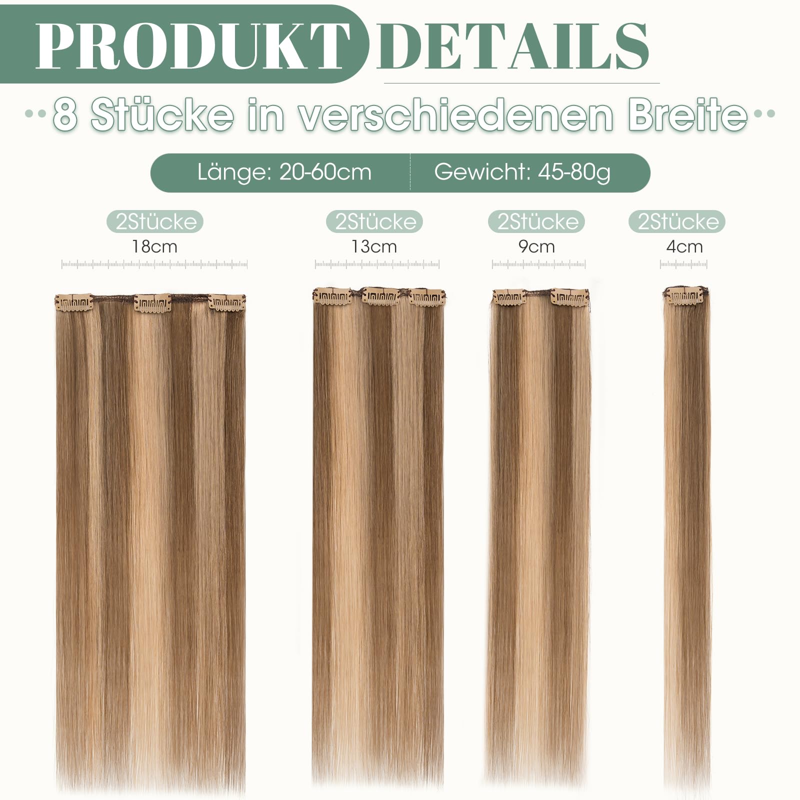 Rich Choices Clip in Extensions Echthaar 8 Stück Clip Extensions 50cm #4/27 Blonde Strähnen Unsichtbare Haarverlängerung Echthaar Clip ins Remy Seidig Gerade Natürlich - Dünne Tressen
