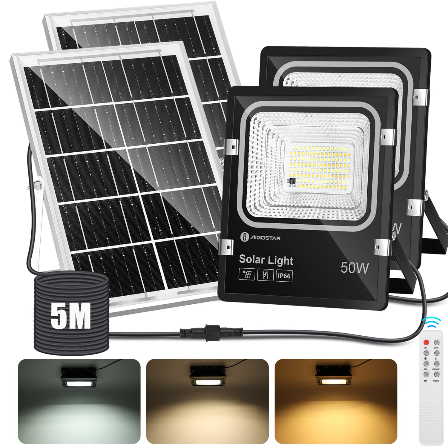 Aigostar - Faro led esterno con grande pannello solare, 2 Pezzi,cavo 5M,dimmerabile 3000/4000/6500K,4000mAH,Batteria di grande capacità,Faretto led da esterno solare con telecomando e timer,IP66