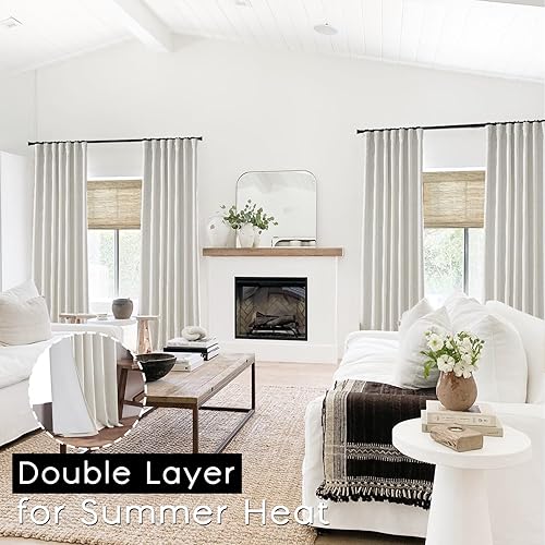 Miniatura 2 de 2 paneles de lino crema con pestaña trasera, cinturón de gancho, cortinas opacas de lino para sala de estar, 102 pulgadas de largo