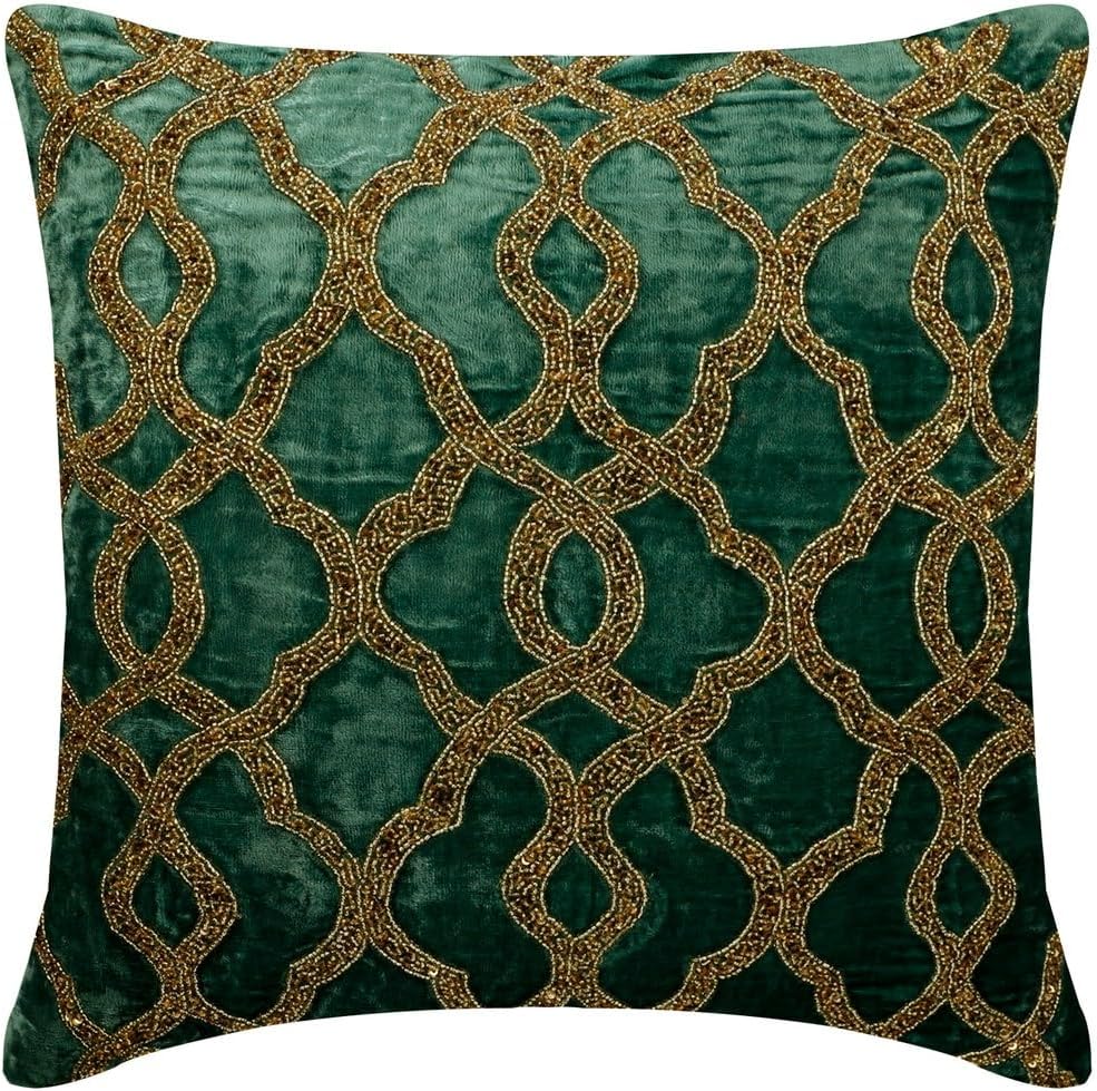 The HomeCentric Pillow Cover, Decorative Teal Green 16"x16" (40x40 cm) Throw Pillow Cover for Sofa, Velvet Trellis, Lattice & Beaded Pillowcase with Zipper, Geometric Pattern Modern - Royal Crown