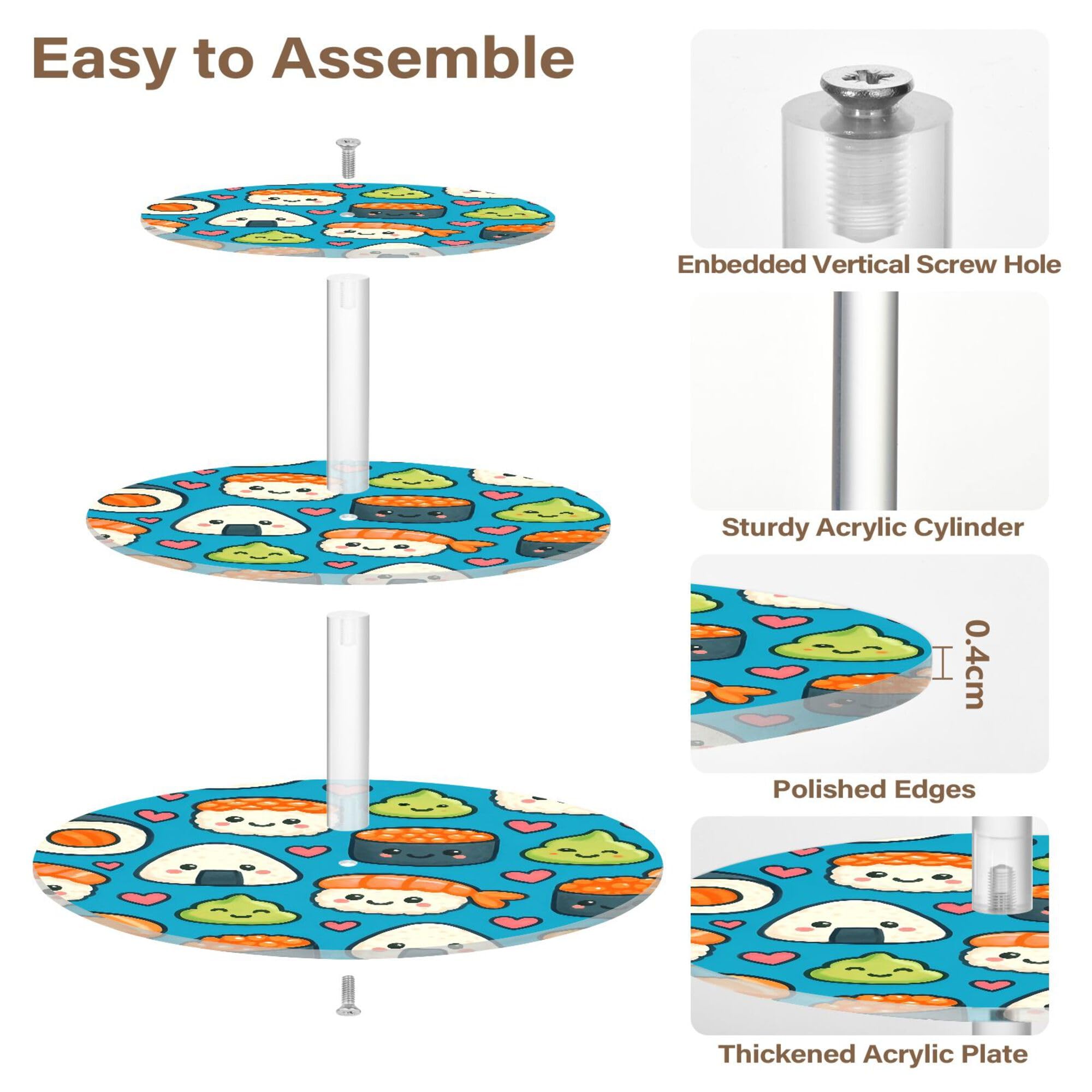 PYBUG Sushi Pattern 3 Tier Acrylic Cupcake Stands Tower,Dessert Table Display Set for Tea Party,Wedding,Birthday, Baby Shower