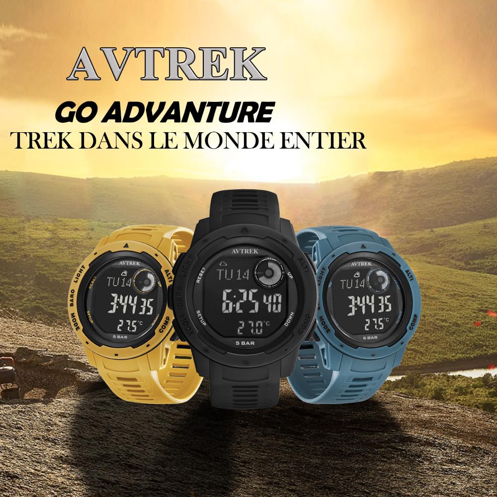 AVTREK Orologio sportivo digitale per adolescenti con altimetro e barometro, orologio da esterno, orologio sportivo impermeabile per esercito e militari (nero)
