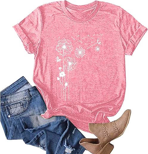 Tshirts Shirts for Women,2024 Summer Trendy Classic Dandelion Print Graphic Tees Casual Crewneck Short Sleeve Tops