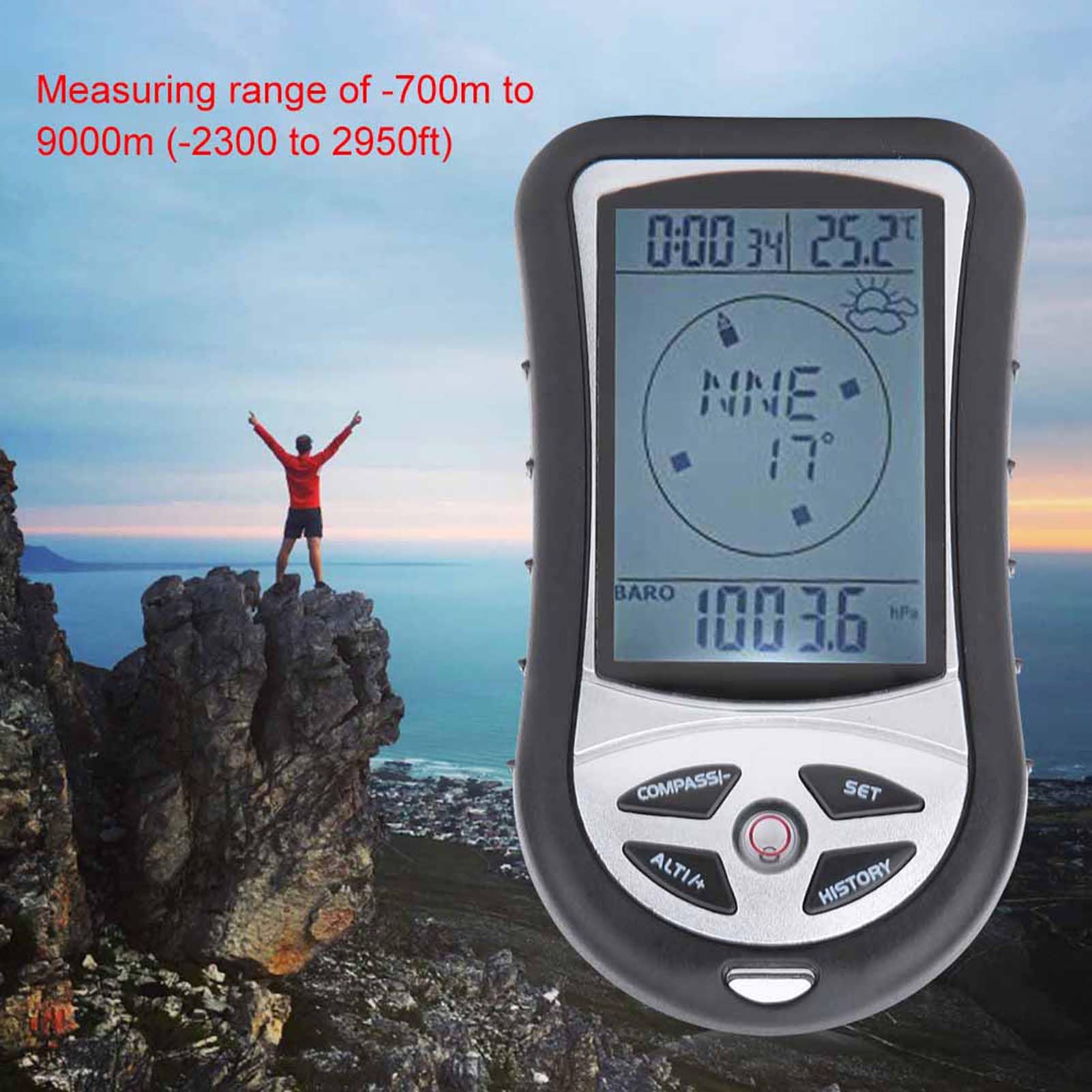 Multifunction Digital Altimeter, 8 in 1 Handheld Altitude Meter Thermometer Electronic Navigation Compass Barometer Thermometer Compass Handheld Outdoor Meter Device
