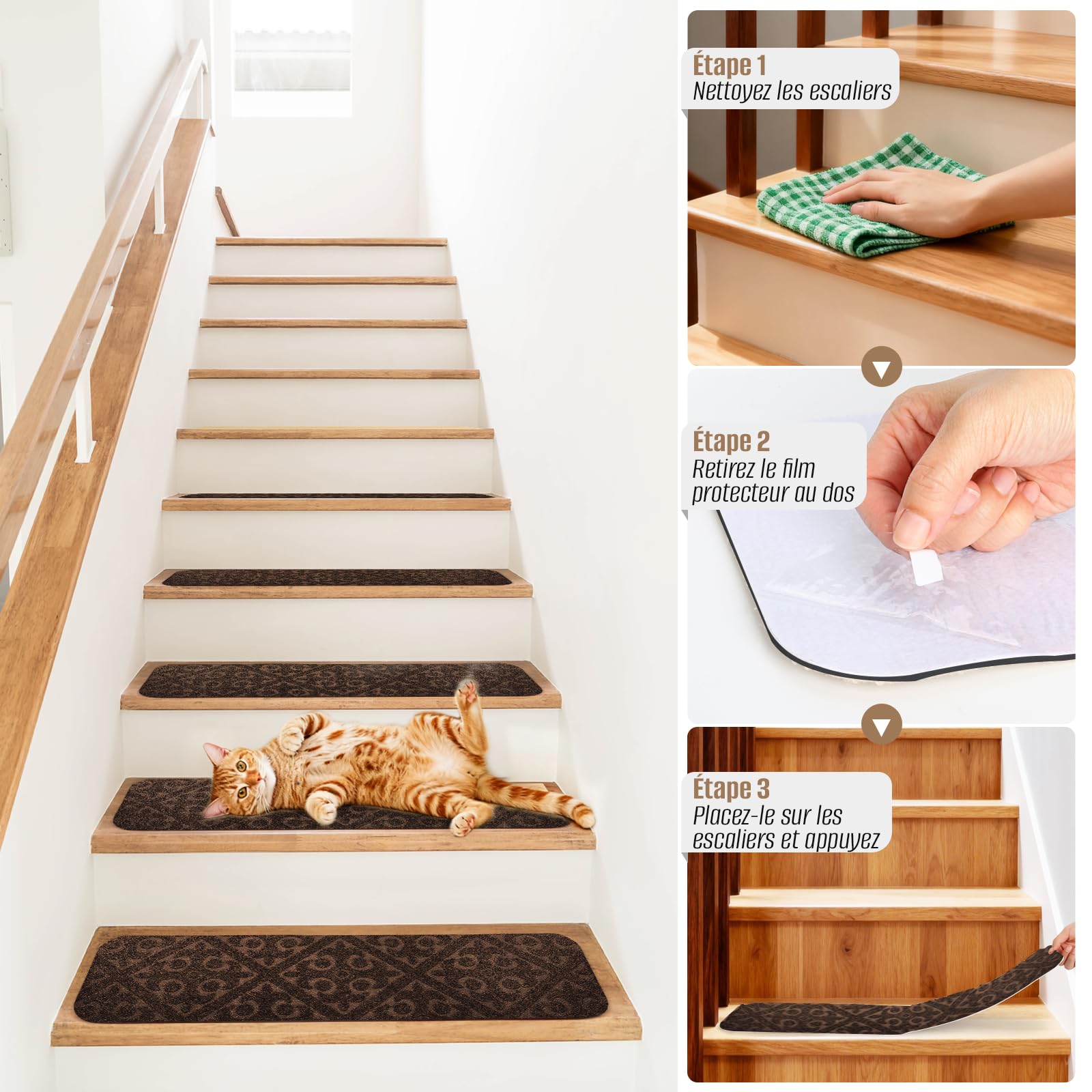 Lot de 15 tapis d'escalier autocollants et antidérapants - 76 x 20 cm - Pour l'intérieur - Idéal pour les enfants, les personnes âgées et les animaux domestiques (fleur carrée marron)