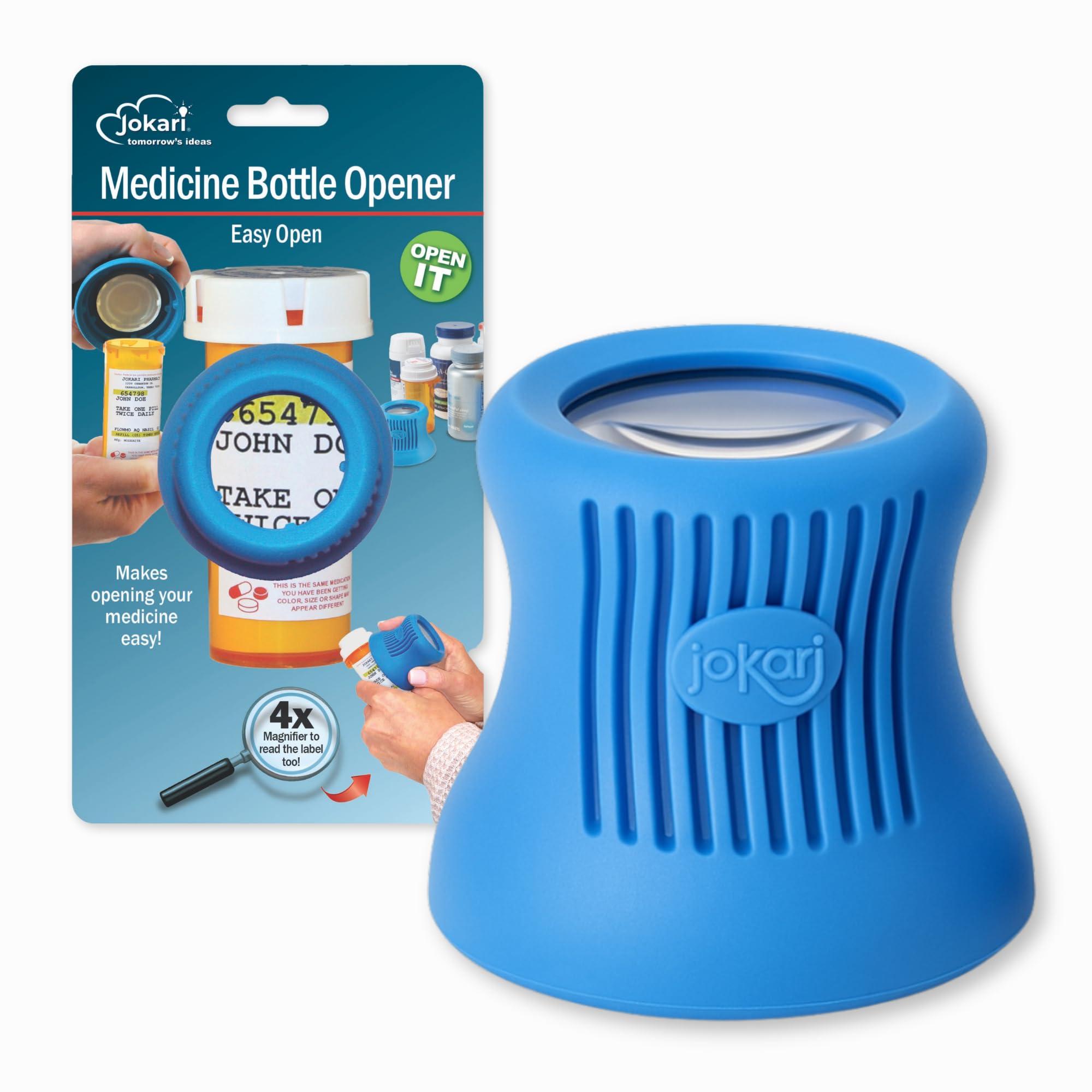 Jokari Easy Open Prescription Medicine Bottle Opener and Built in Magnifying Glass. Helps Read Medical Pharmacy Label Print to Ensure Taking Correct Pills and Dosage. Unscrews Caps Easily Too.