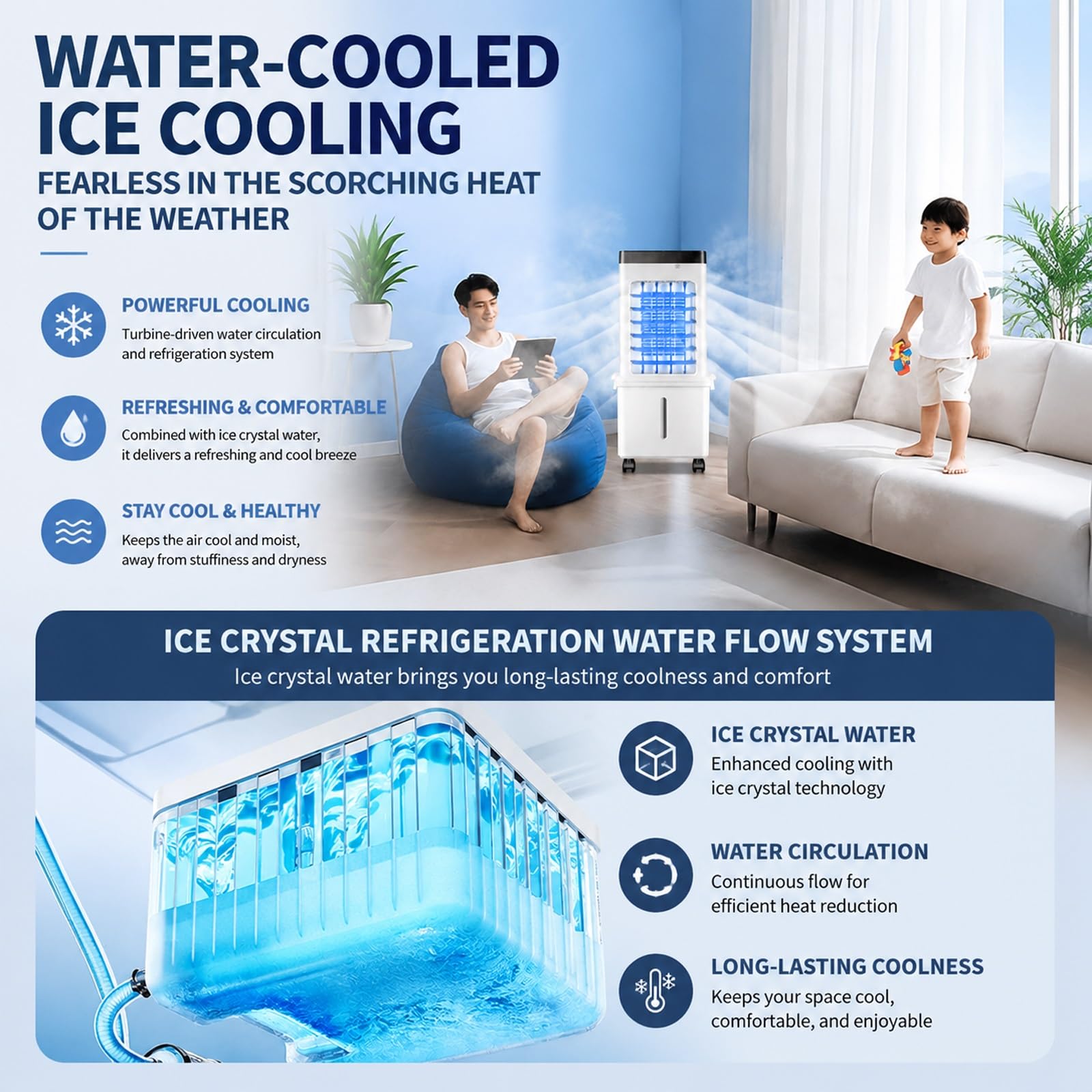 Enfriador de Aire Portatil de 75 W con Control Remoto y 4 Cristales de Hielo, Depósito de 15 L, 3 Velocidades, Temporizador de 7,5 Horas, para el Hogar, Dormitorio y Oficina, 60x27x23cm