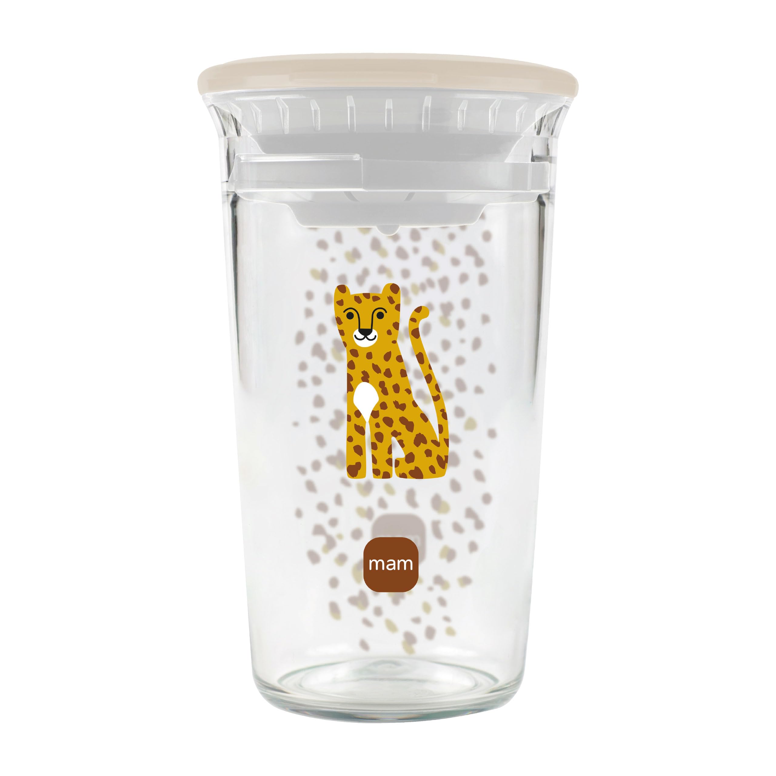 MAM Easy to Drink Cup | 360° Trinklernbecher ab 8+ Mon | Auslaufsicherer Silikoneinsatz mit Ventil | BPA- & BPS-frei | leicht zu reinigen | Baby & Kinder Trinkbecher mit Glasoptik | 290 ml | Leopard