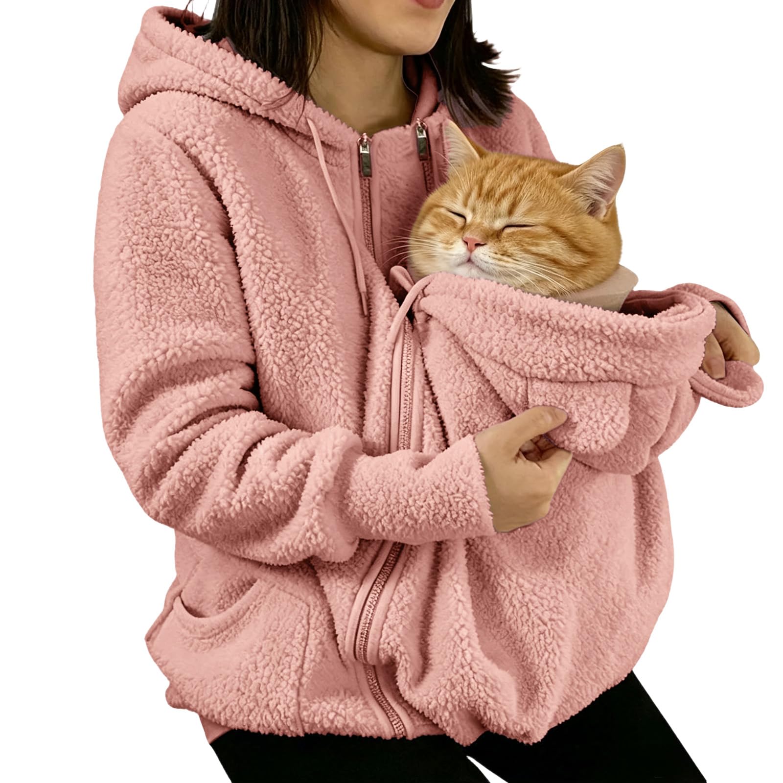 Sudadera de Sherpa con Capucha para Mujer,Bolsillo para Transportar Mascota