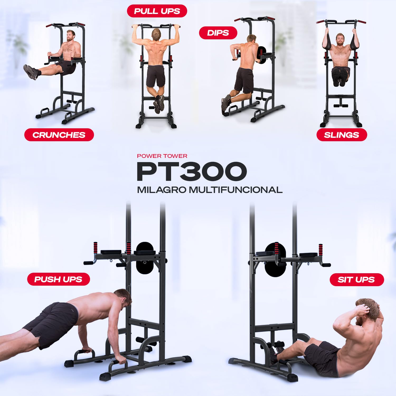 Sportstech Power Tower PT300 | Estación Multifuncional de Entrenamiento 7in1 | Torre de Musculación para Dominadas y Dips | Agarres para Flexiones + Anillas para Cuerdas de Resistencia y Suspensión