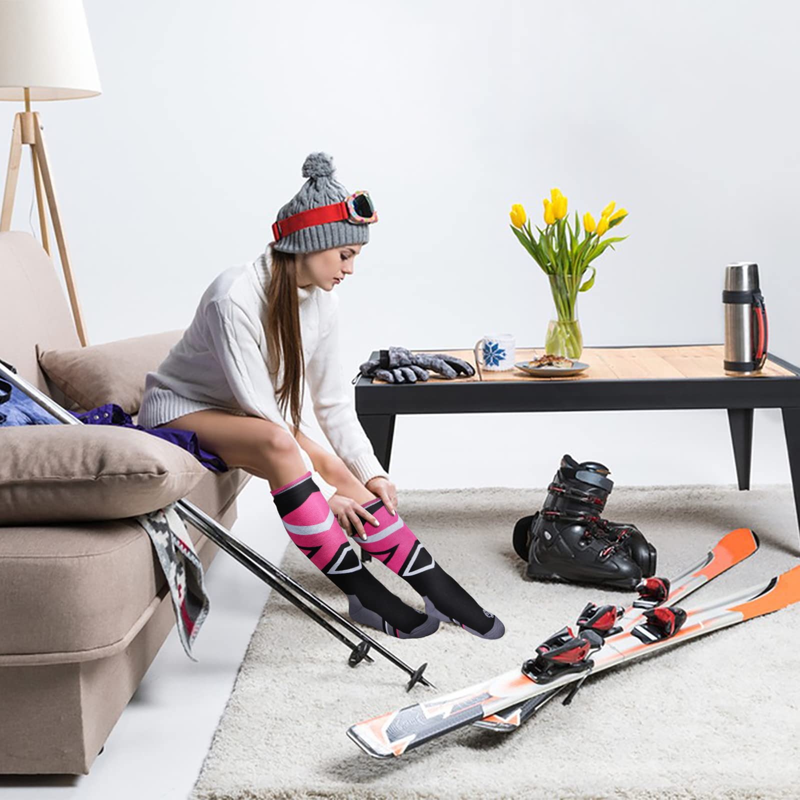 Findway 2 Paar Skisocken, Winter Snowboarding Atmungsaktive Thermosocken mit Über die Wade Design/Anti-Rutsch-Bündchen für Mädchen/Jungen für Outdoor-Sportarten