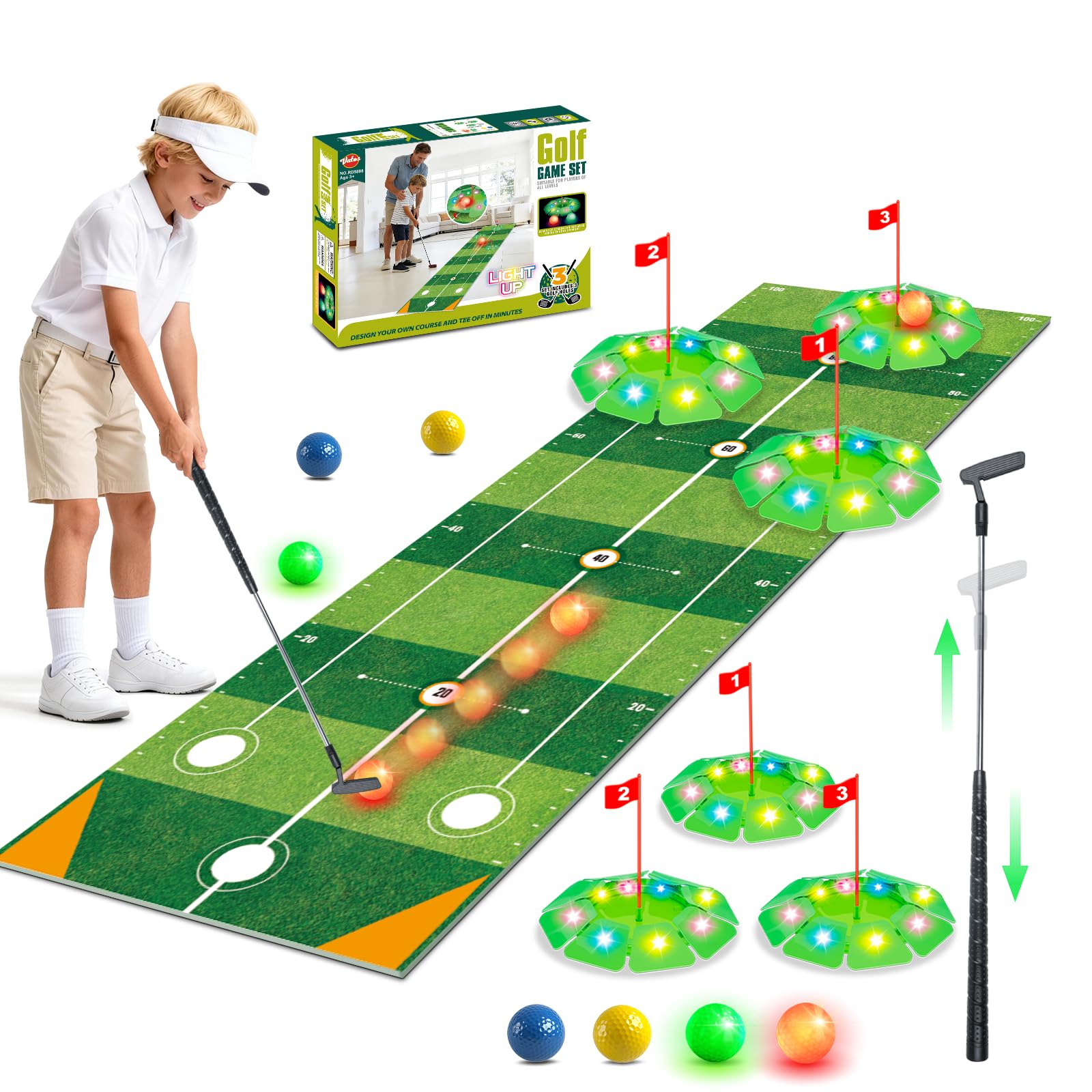 VATOS Kids Golf Toy Set - Light Up Golf Game with 6.5ft Putting Mat, Golf Putter, 3 Holes, 4 Balls (2 Glow Balls), Indoor Outdoor Yard Family Glofer Game, Birthday Gifts for Boys Girls Ages 3-8