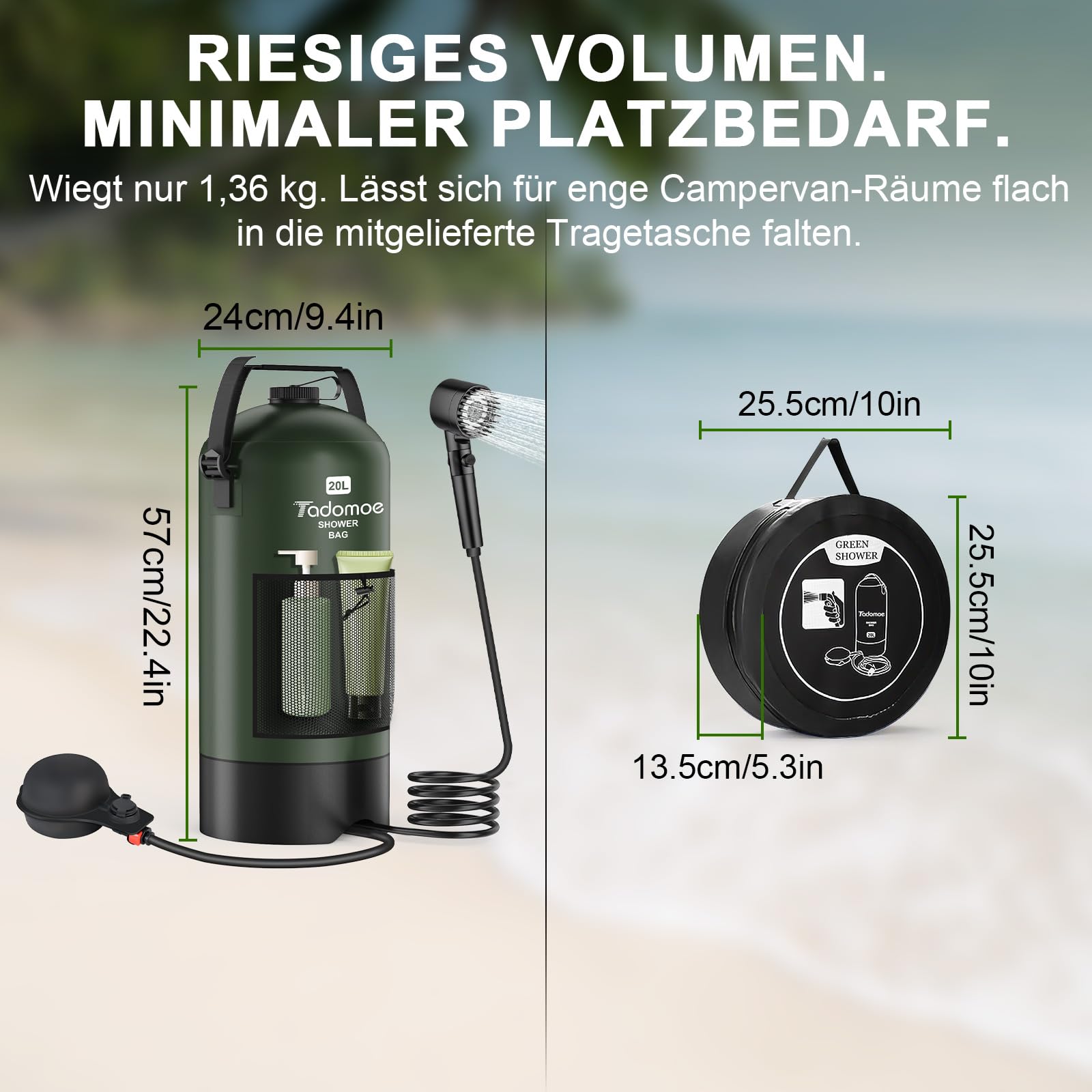 20 Liter Camping Dusche mit Fußluftpumpe, Solardusche mit Camping-Tasche Und Düse für Camping Strand Wandern Reise