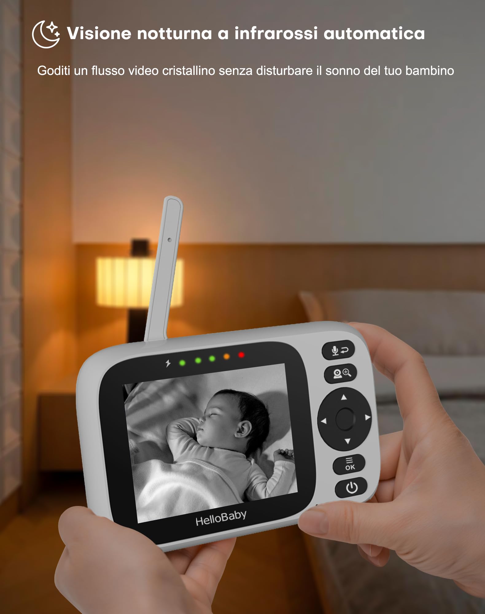 HelloBaby Baby Monitor Video e Audio 3.2'',Telecamera Bambini con Monitor e Doppia Telecamera,320° Telecamera Rotante,Visione Notturna,Sensore Temperatura,ECO,Interfono Bidirezionale,Ninna Nann