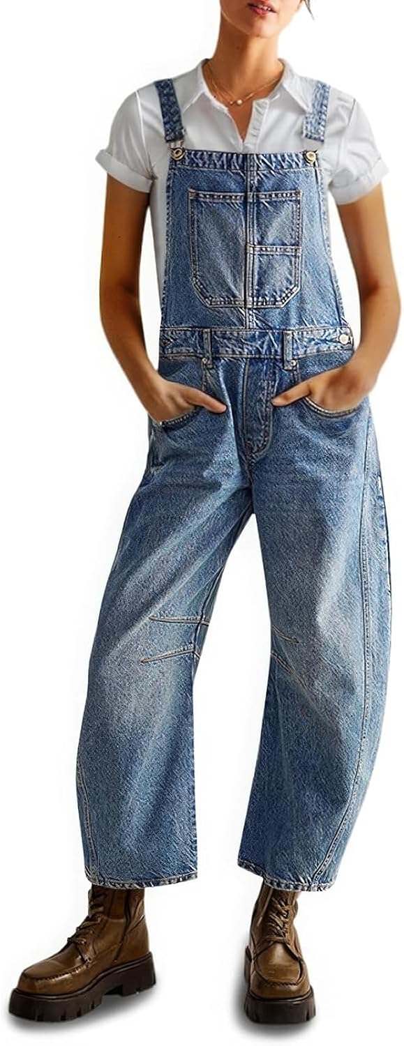 ebossy Womens Denim Bib Overalls Casual Baggy Barrel Jeans Adjustable Strap Boyfriend Patchwork Jumpsuits