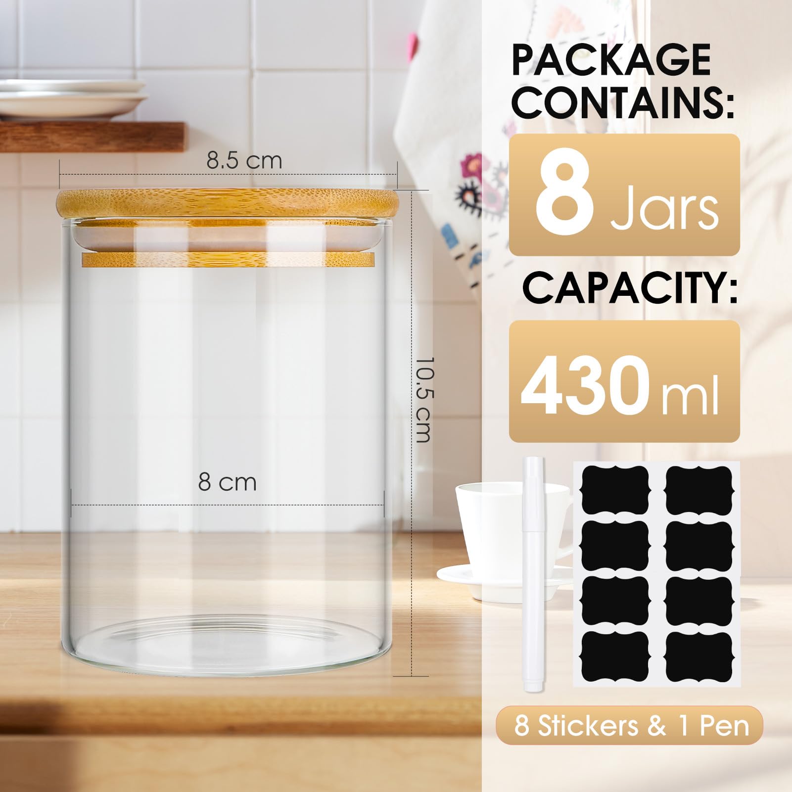 8 Bocal en Verre avec Couvercle, 430ml Bocaux en Verre Hermétique, Pot en Verre avec Couvercle en Bambou, Bocaux Rangement Cuisine pour Épices, Herbes, Thé