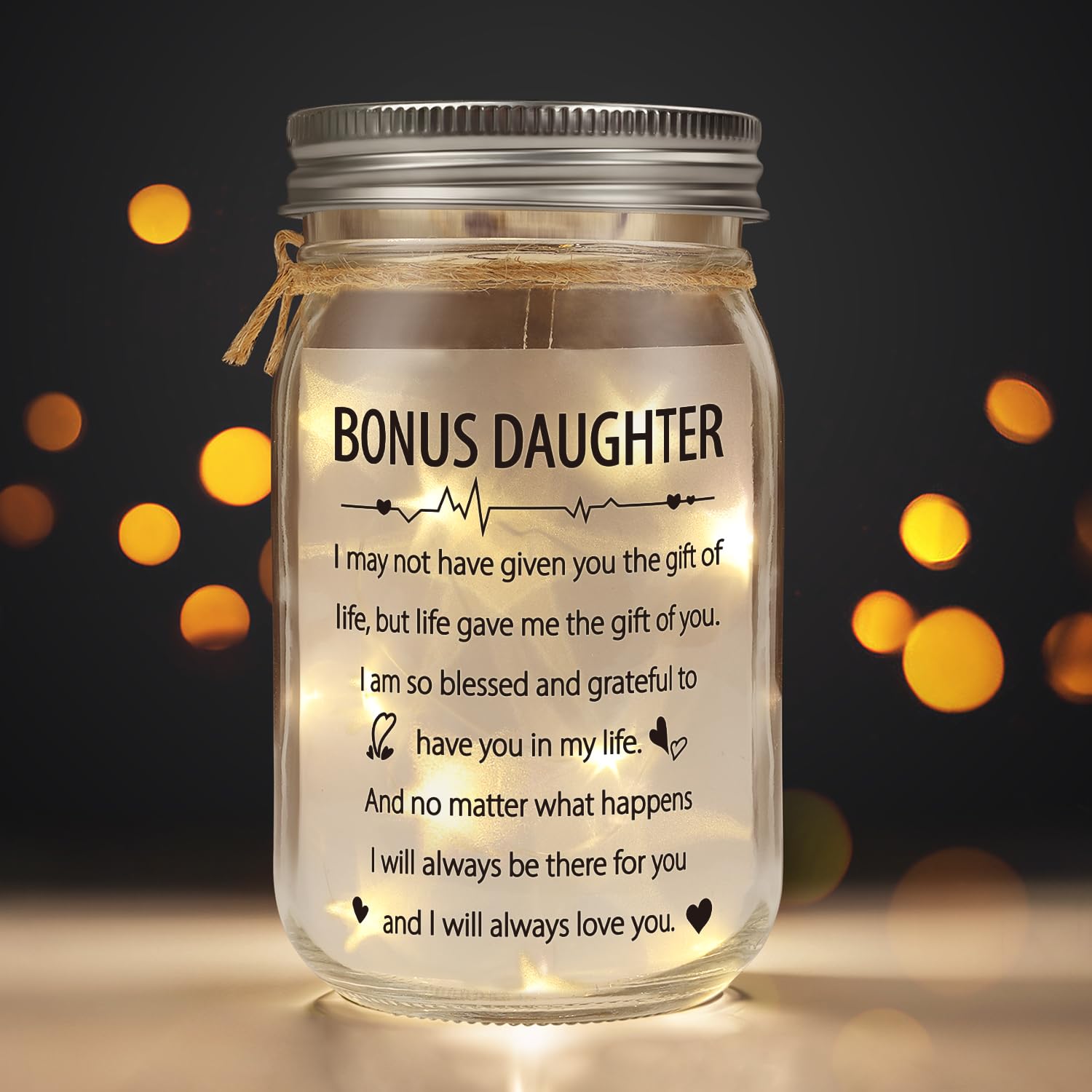 Bonus Daughter Mason Jar Night Light, Bonus Daughter Birthday Gifts from Stepmom, Step Daughter Gifts, Gifts for Daughter in Law